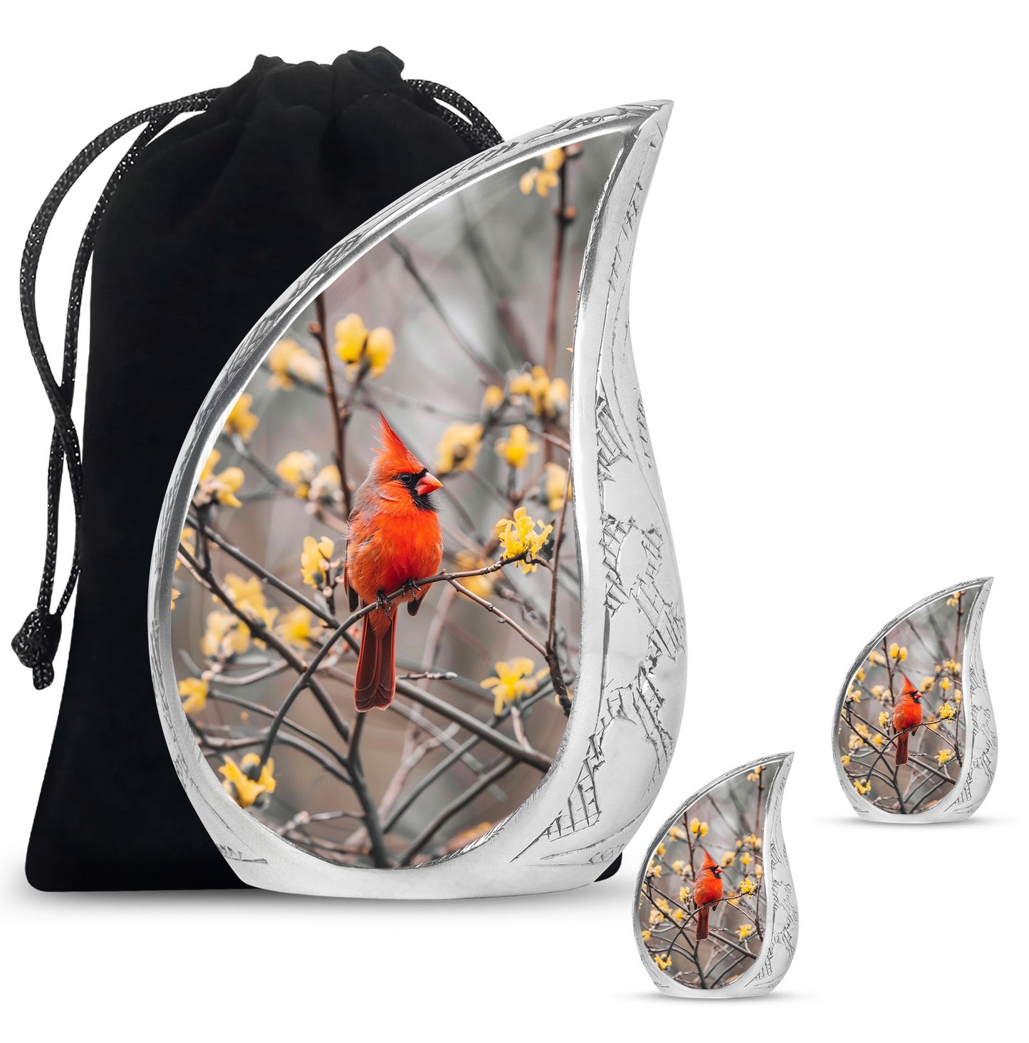 Cardinal Bird Theme Large Urn With 2 Keepsake Urn