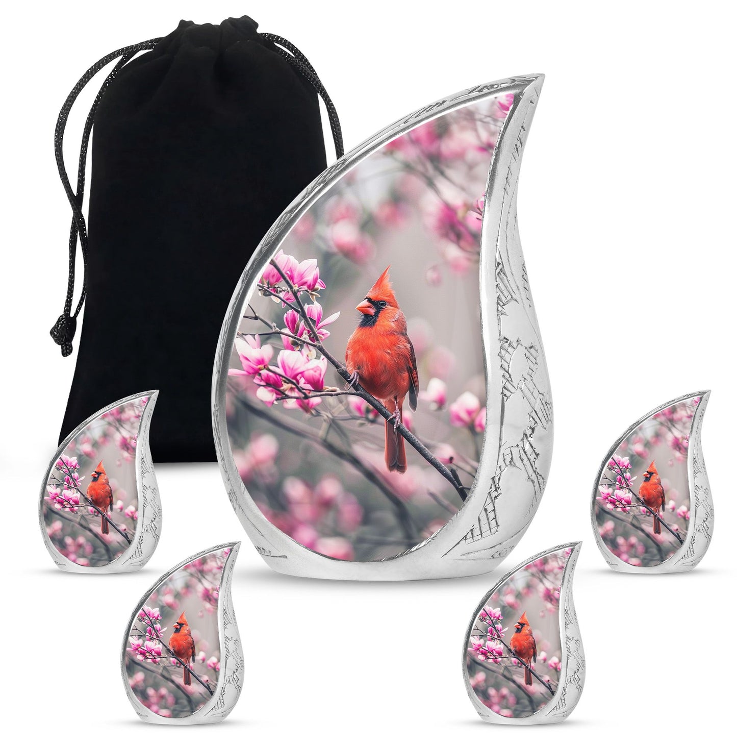 Cardinal Bird Theme Large Urn With 4 Keepsake Urn