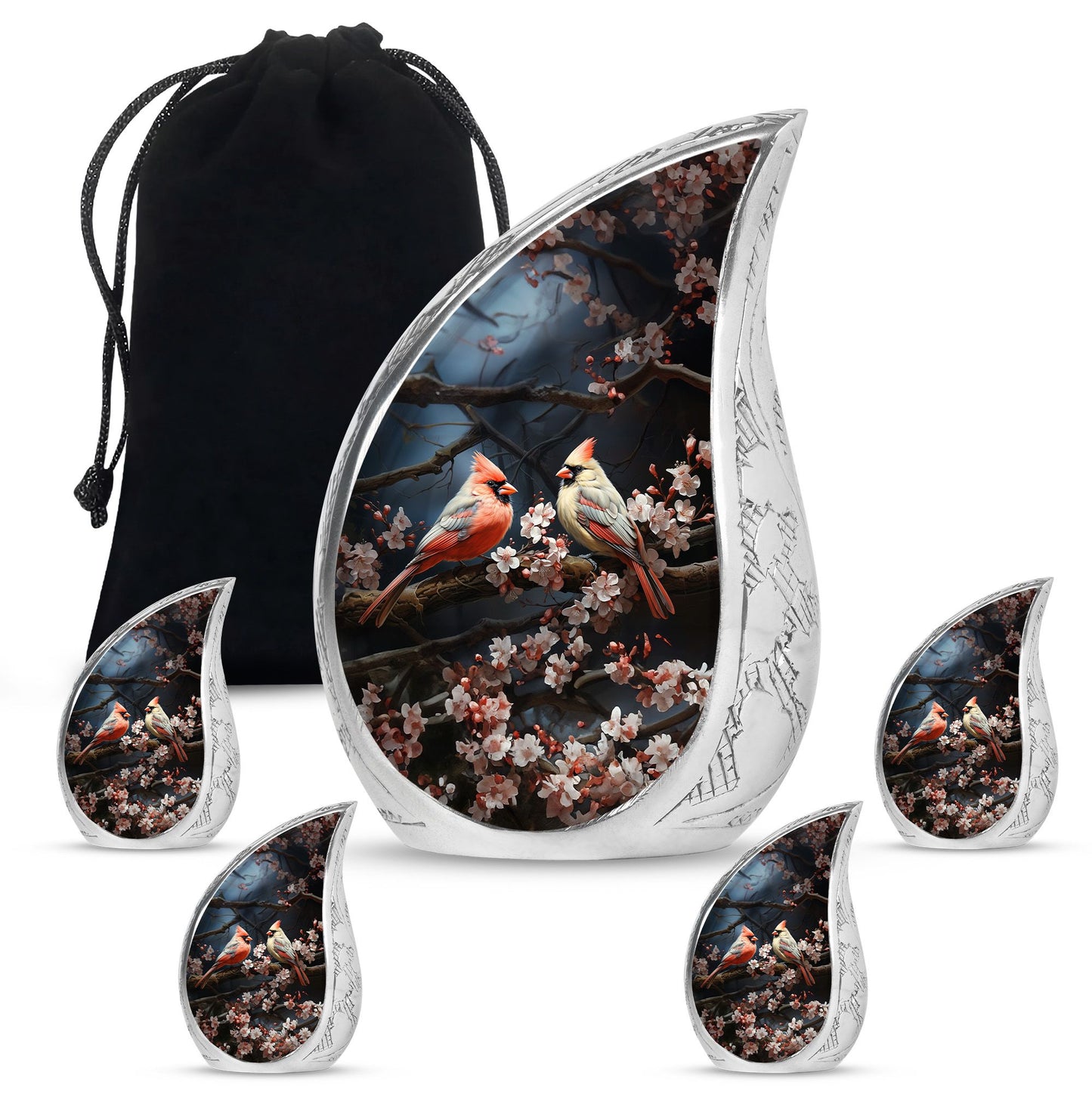 Cardinal Bird Theme Large Urn With 4 Keepsake Urn