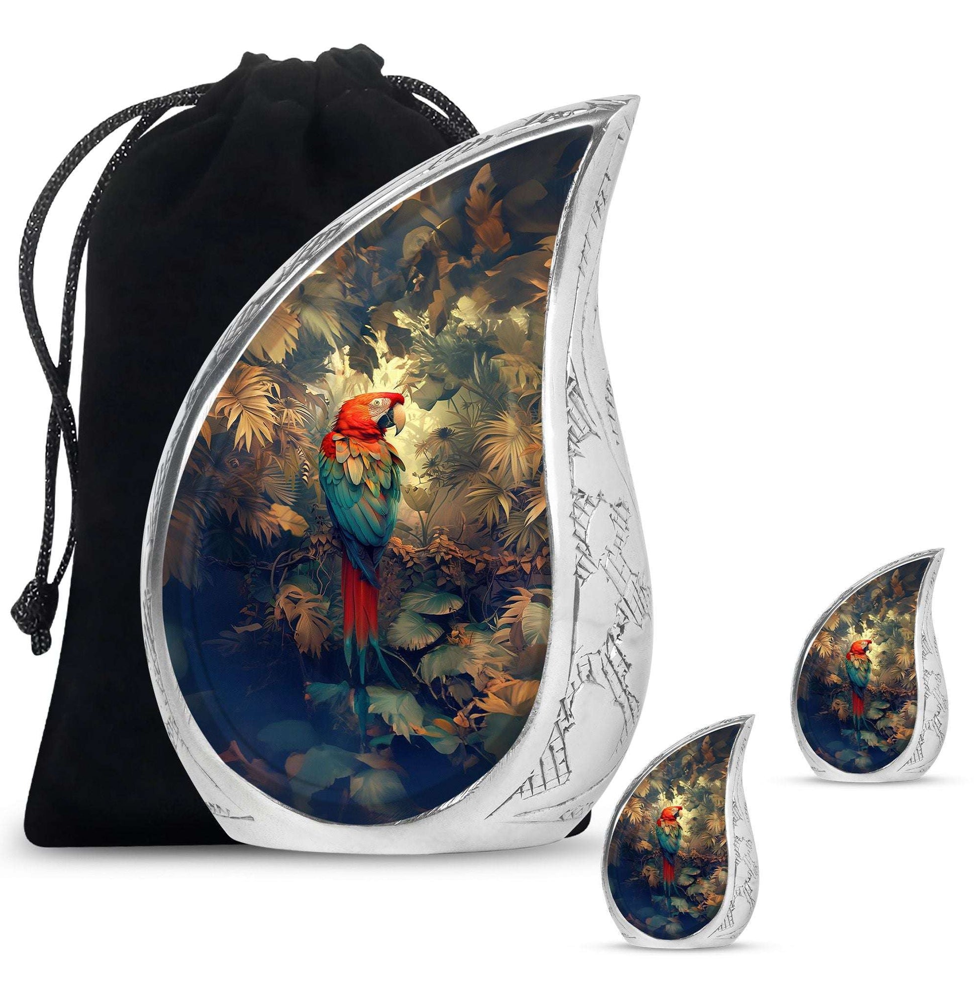 Macaw Parrot Theme Large Urn With 2 Keepsake Urn