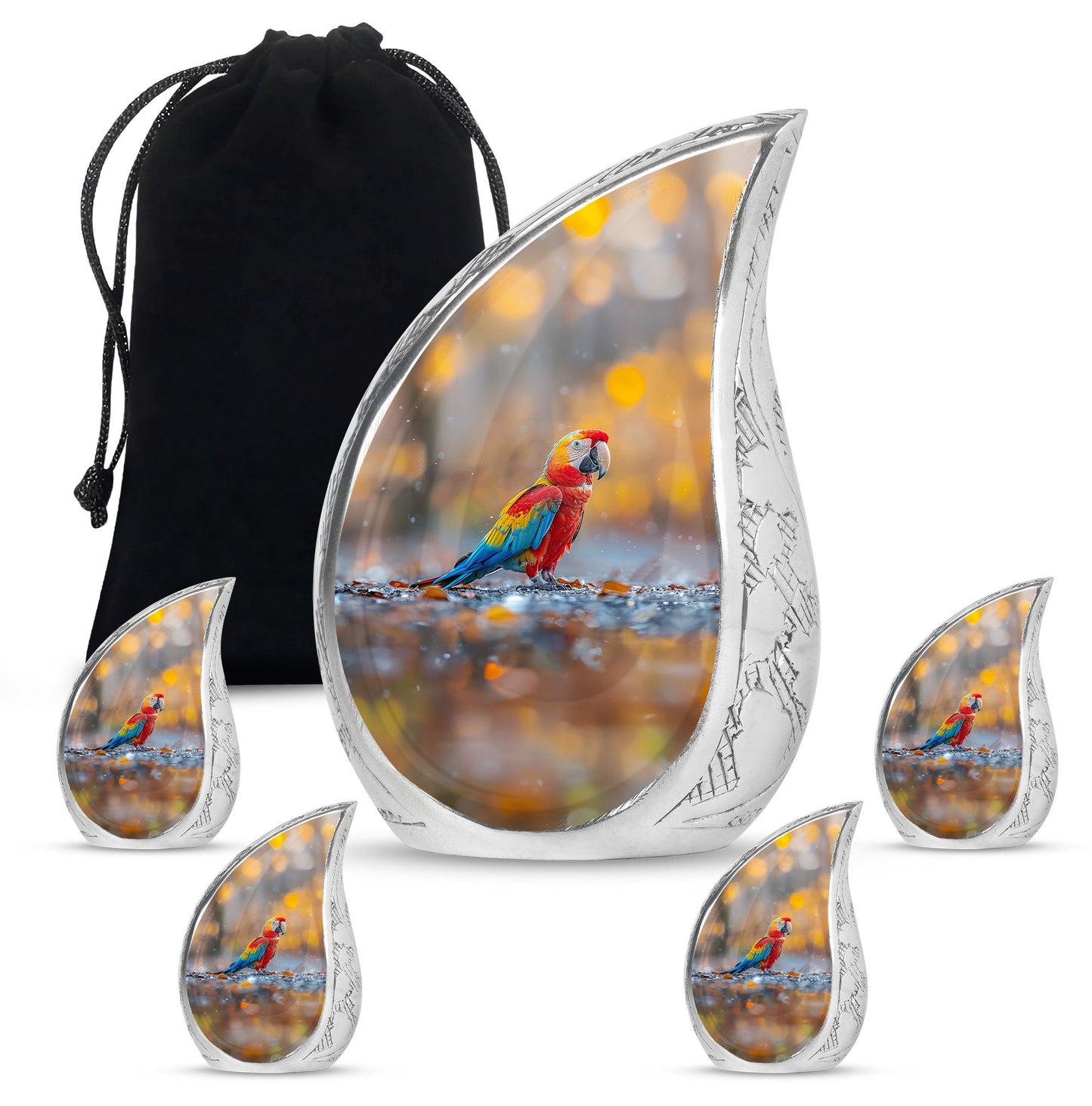 Macaw Parrot Theme Large Urn With 4 Keepsake Urn