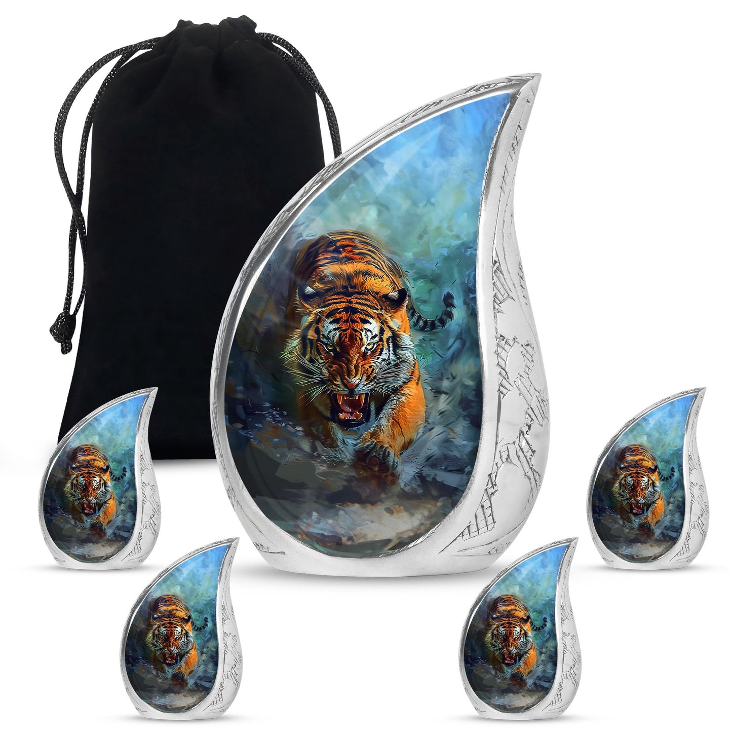 Tiger Theme Large Urn With 4 Keepsake Urn