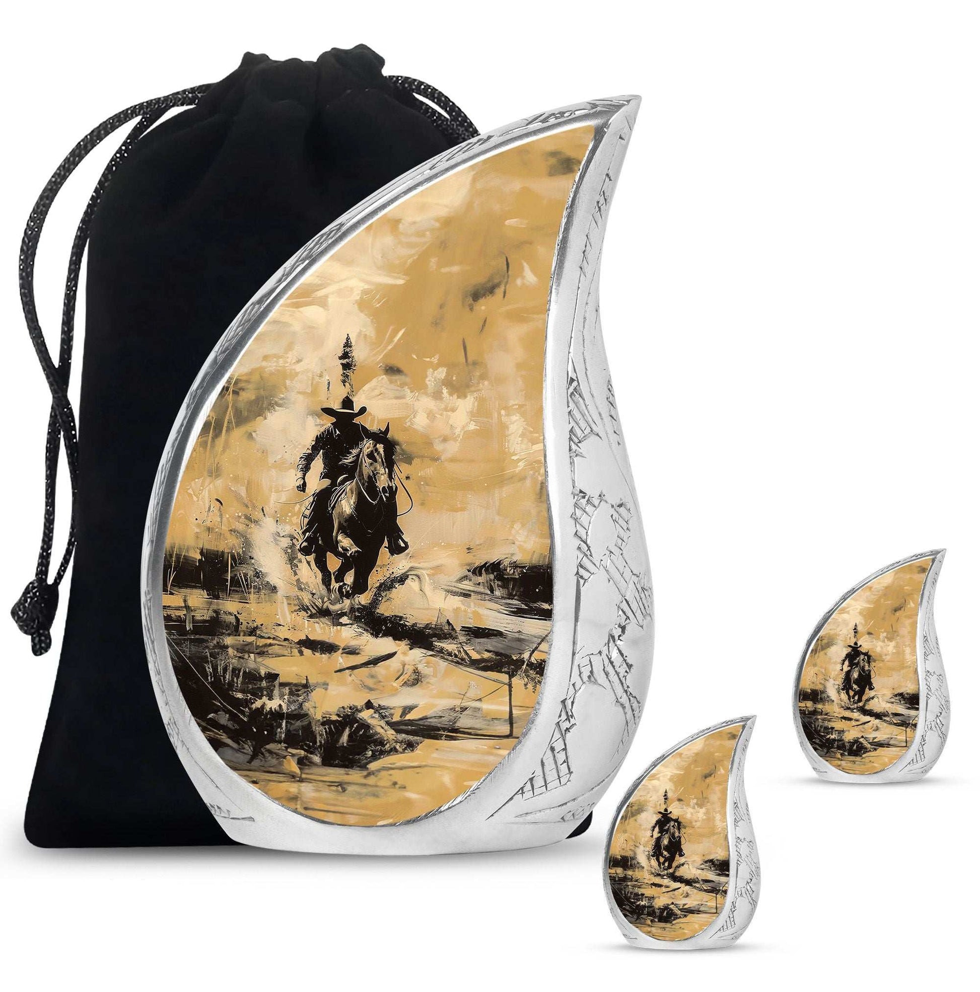 Cowboy Theme Large Urn With 2 Keepsake Urn