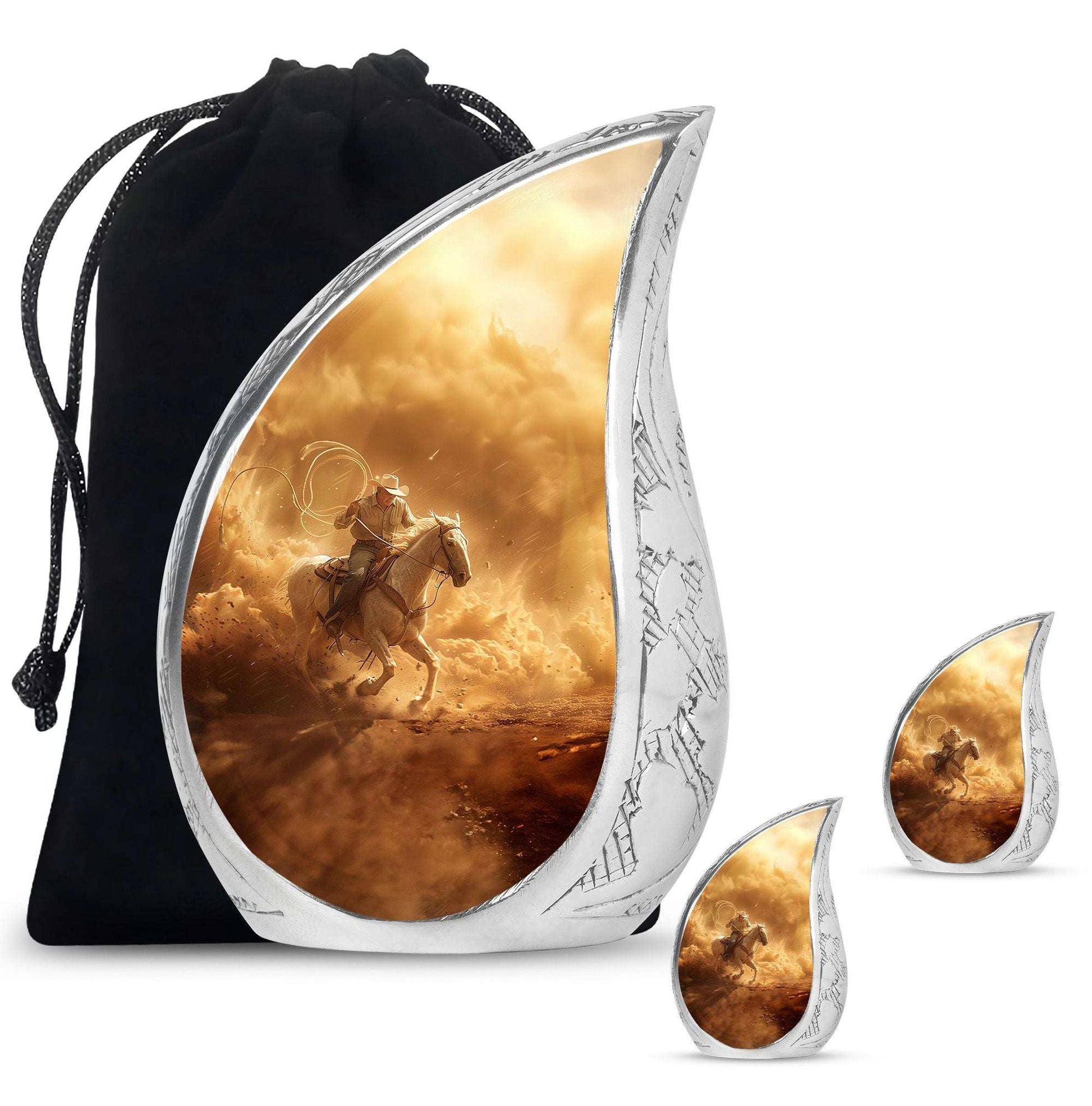 Cowboy Theme Large Urn With 2 Keepsake Urn