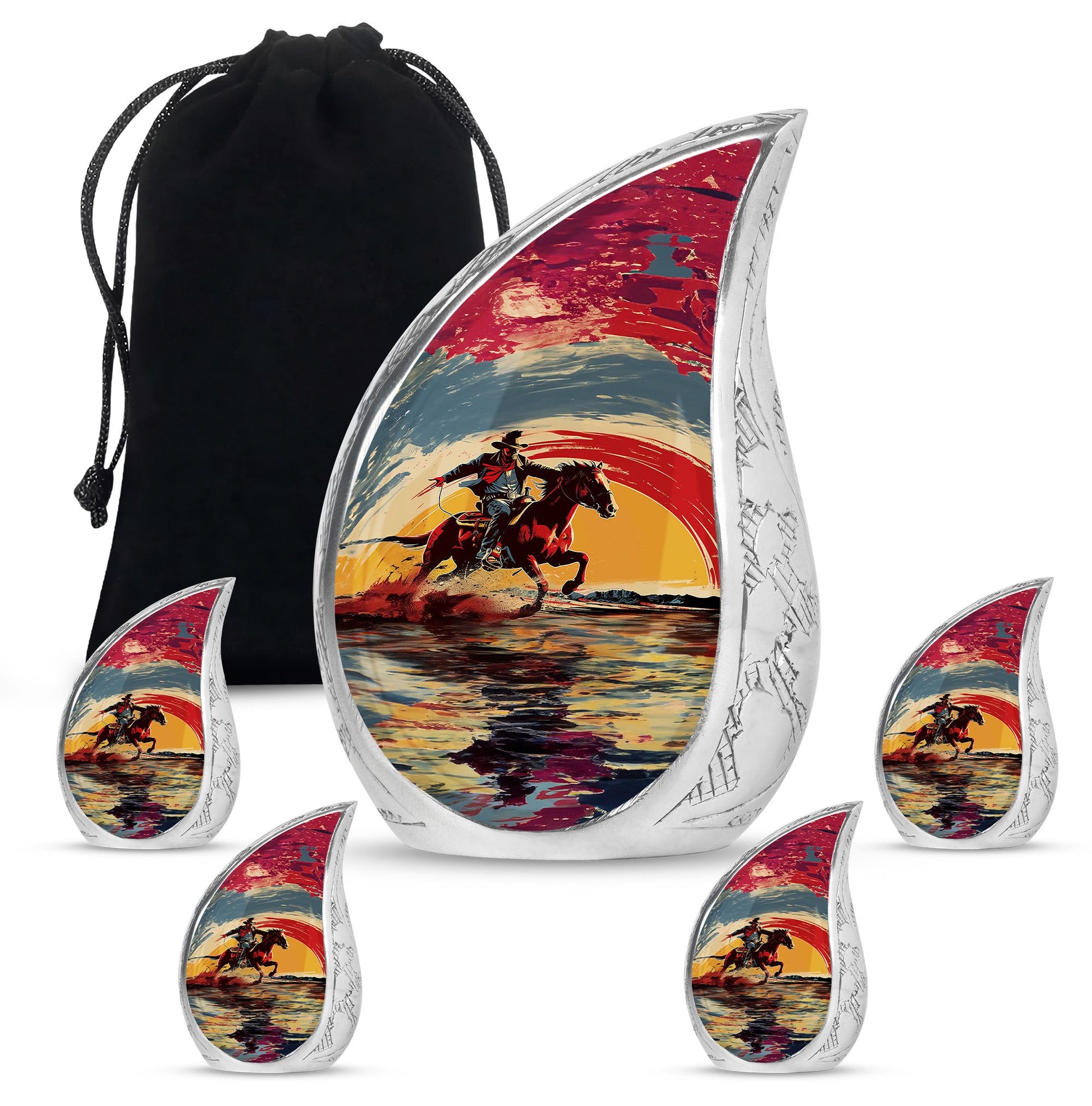 Cowboy Theme Large Urn With 4 Keepsake Urn