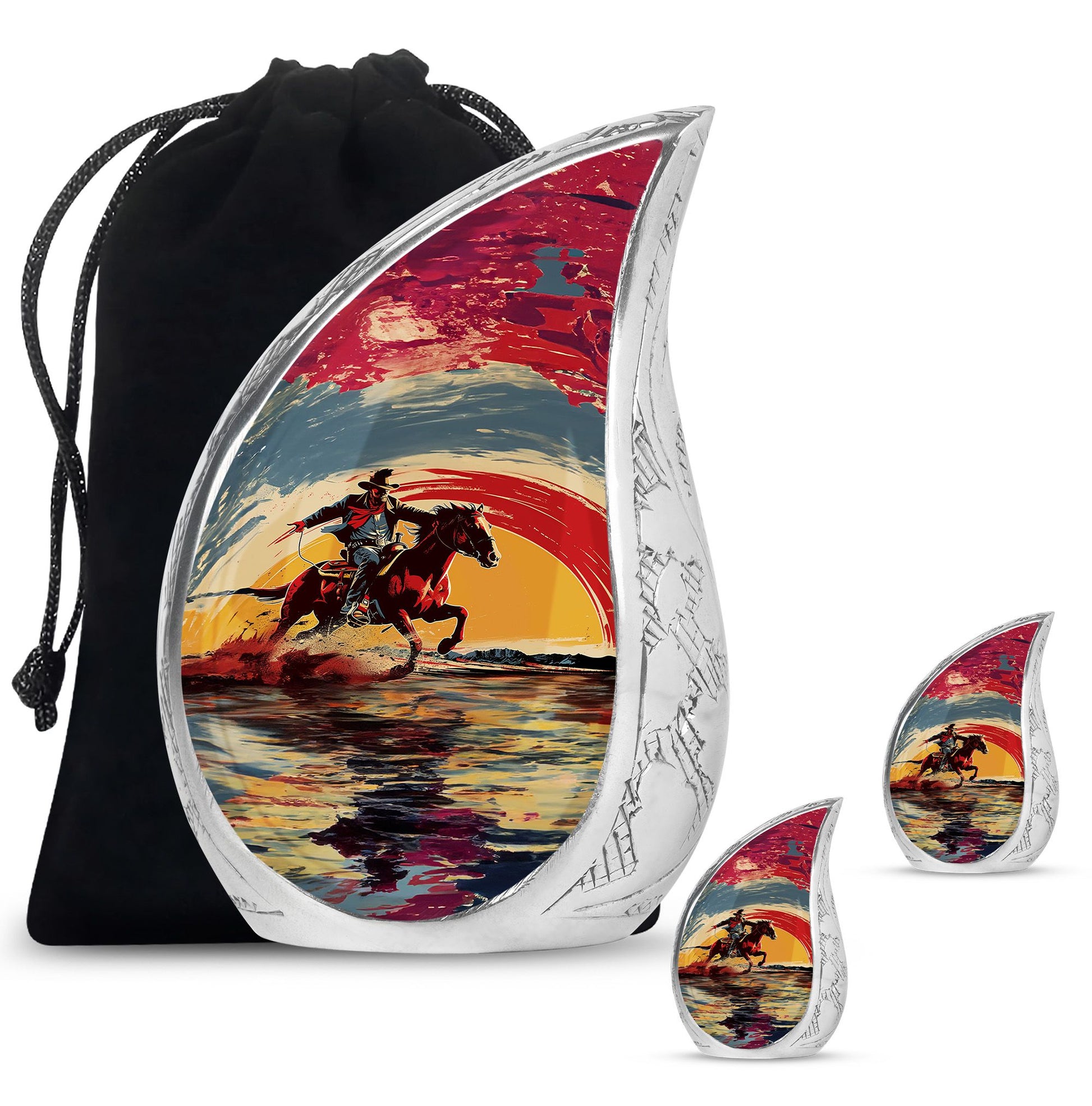 Cowboy Theme Large Urn With 2 Keepsake Urn