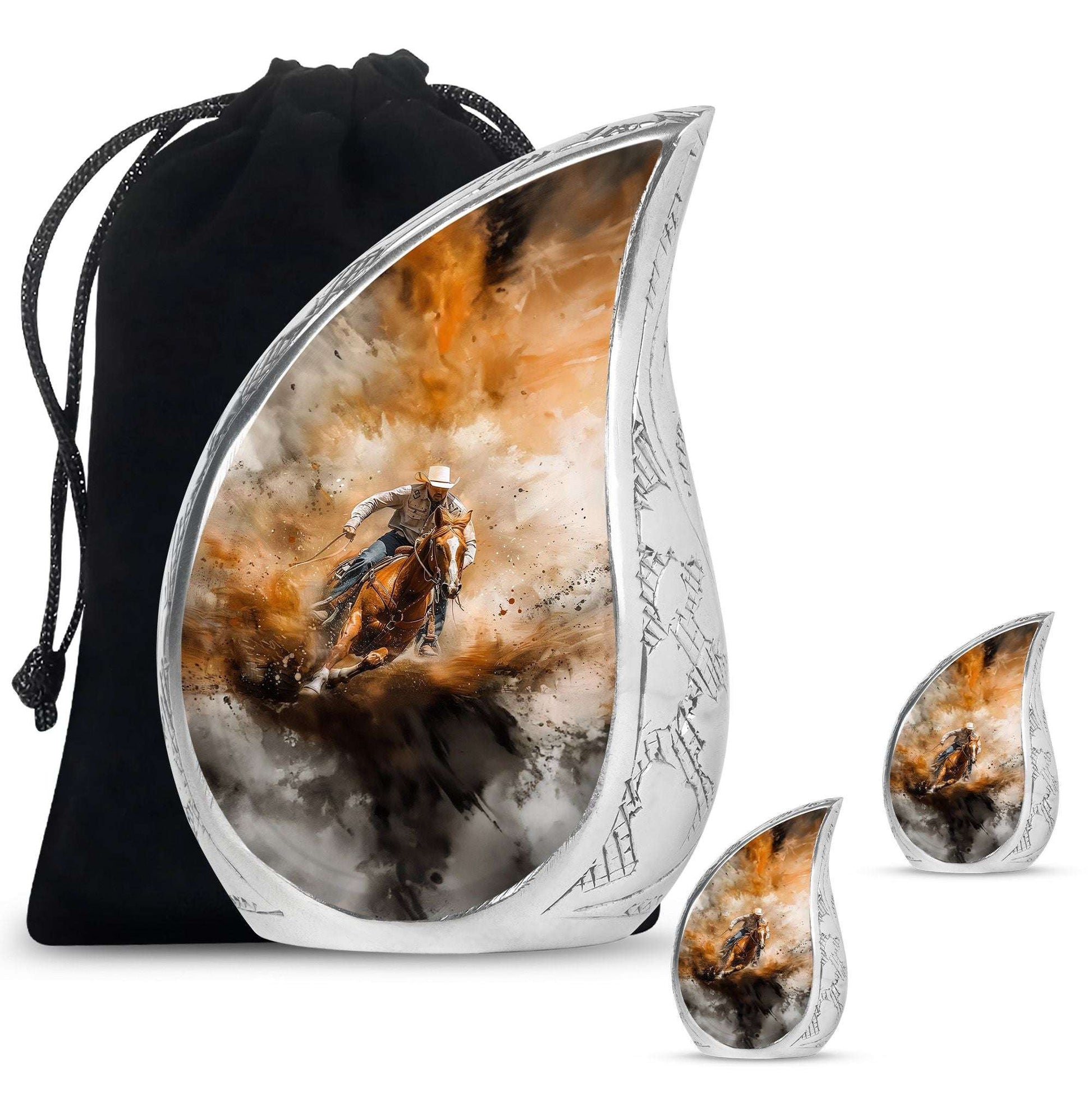 Cowboy Theme Large Urn With 2 Keepsake Urn