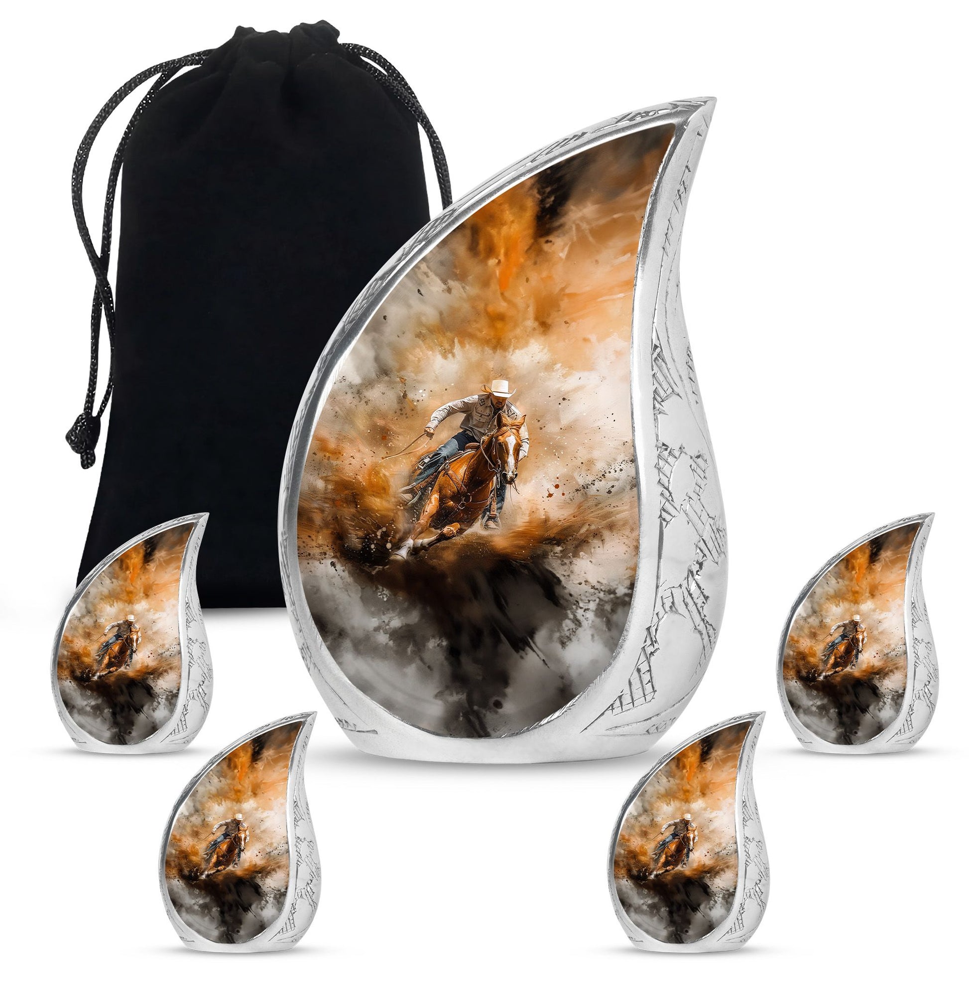 Cowboy Theme Large Urn With 4 Keepsake Urn