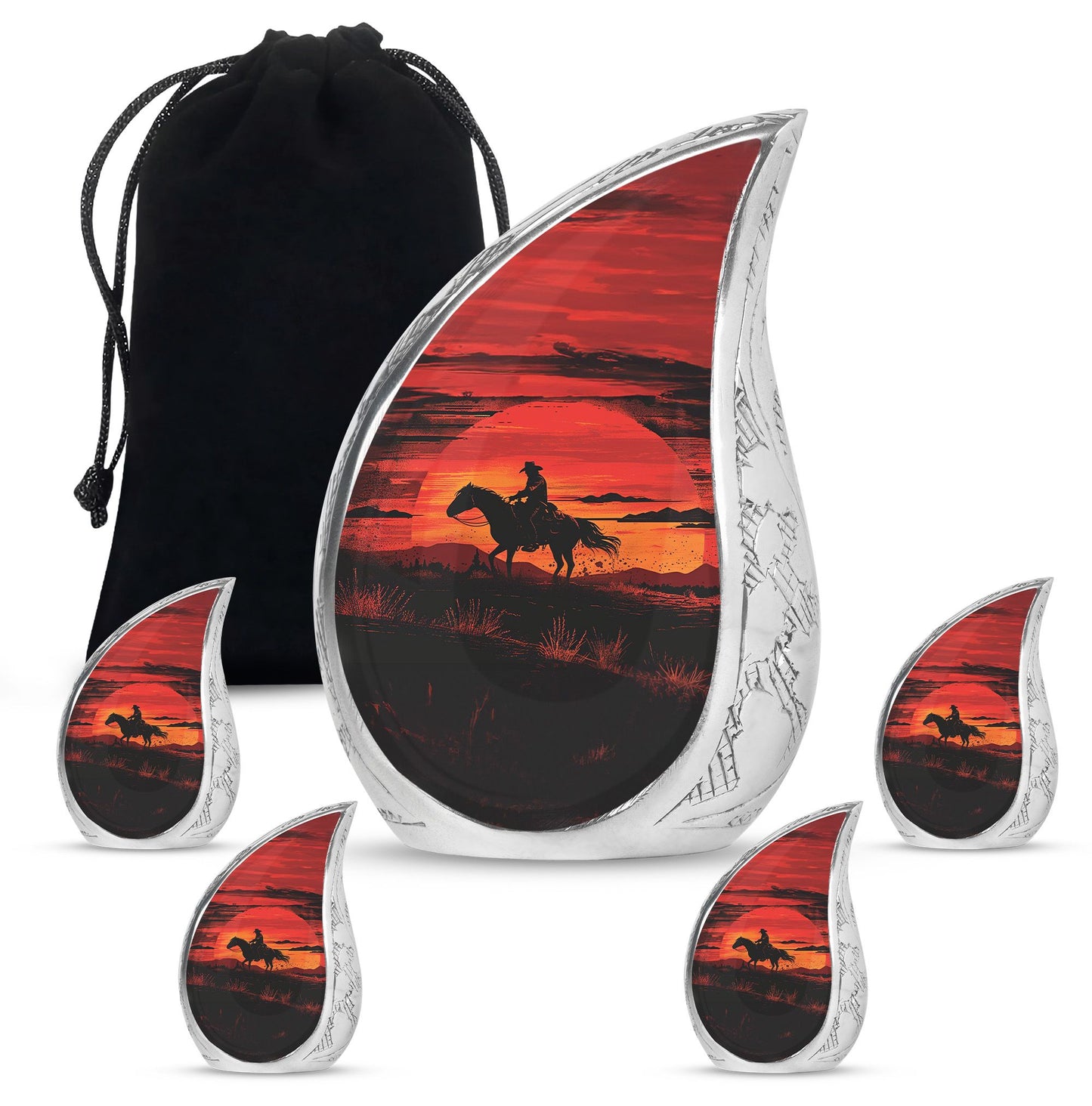 Cowboy Theme Large Urn With 4 Keepsake Urn