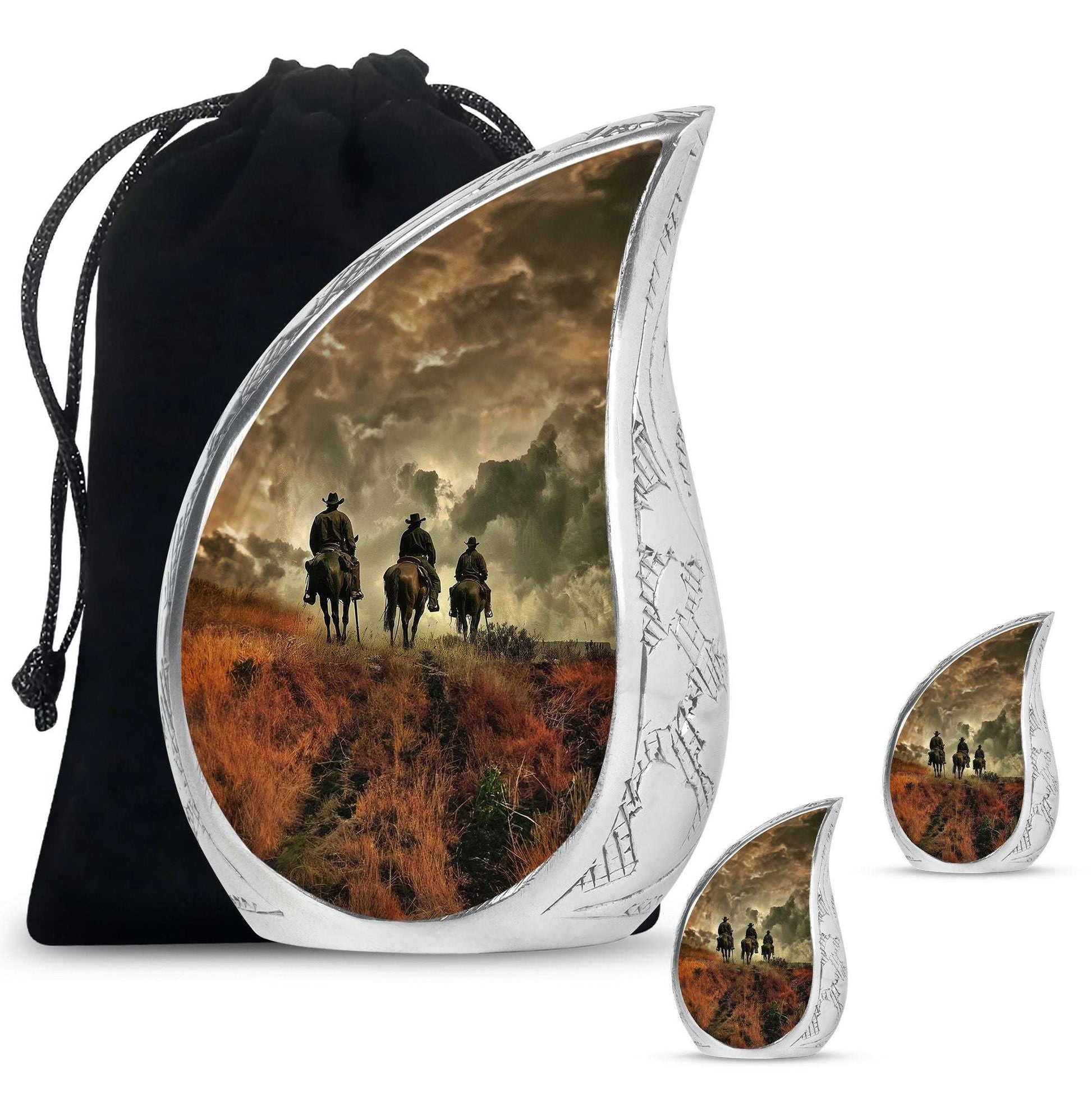 Cowboy Theme Large Urn With 2 Keepsake Urn