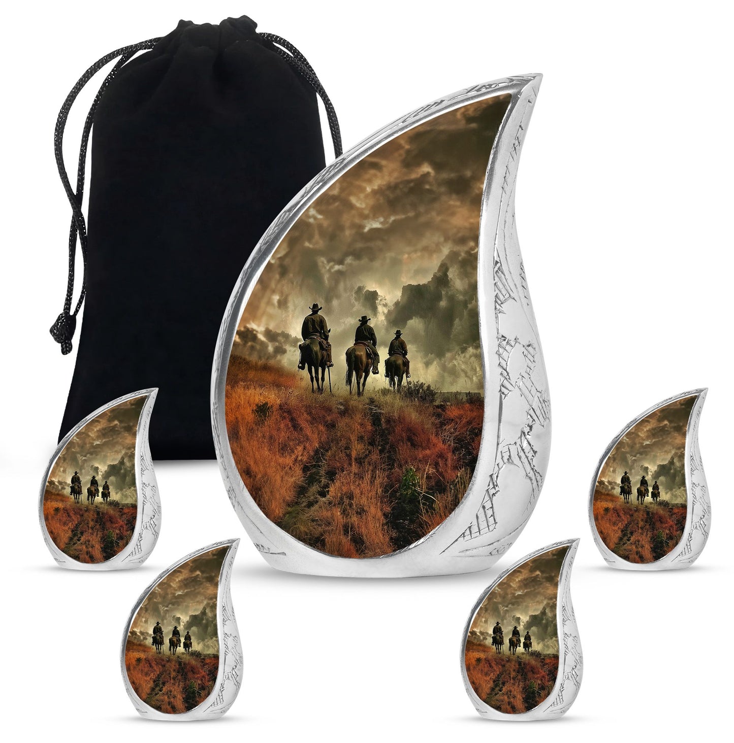 Cowboy Theme Large Urn With 4 Keepsake Urn