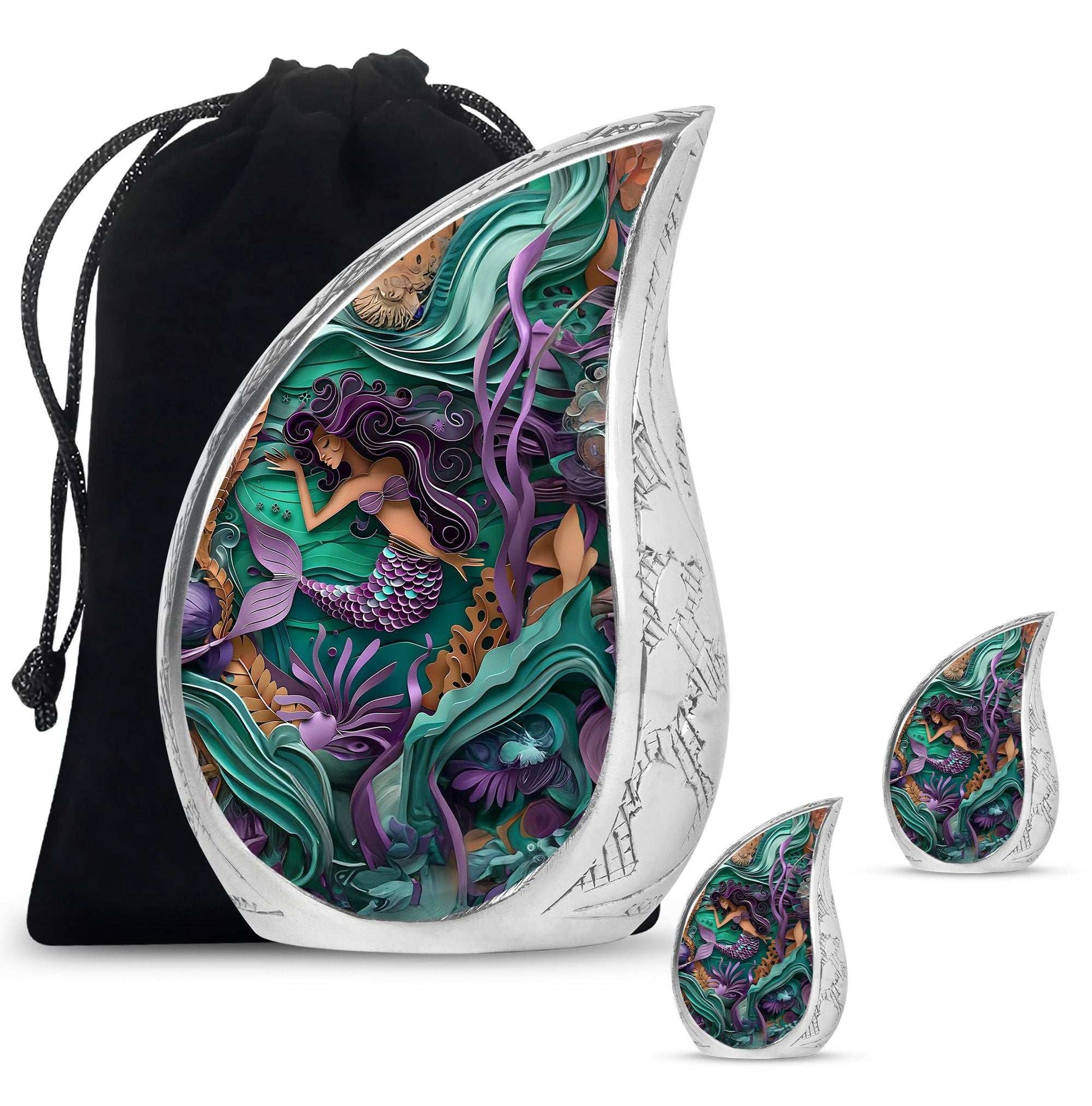 Mermaid Theme Large Urn With 2 Keepsake Urn