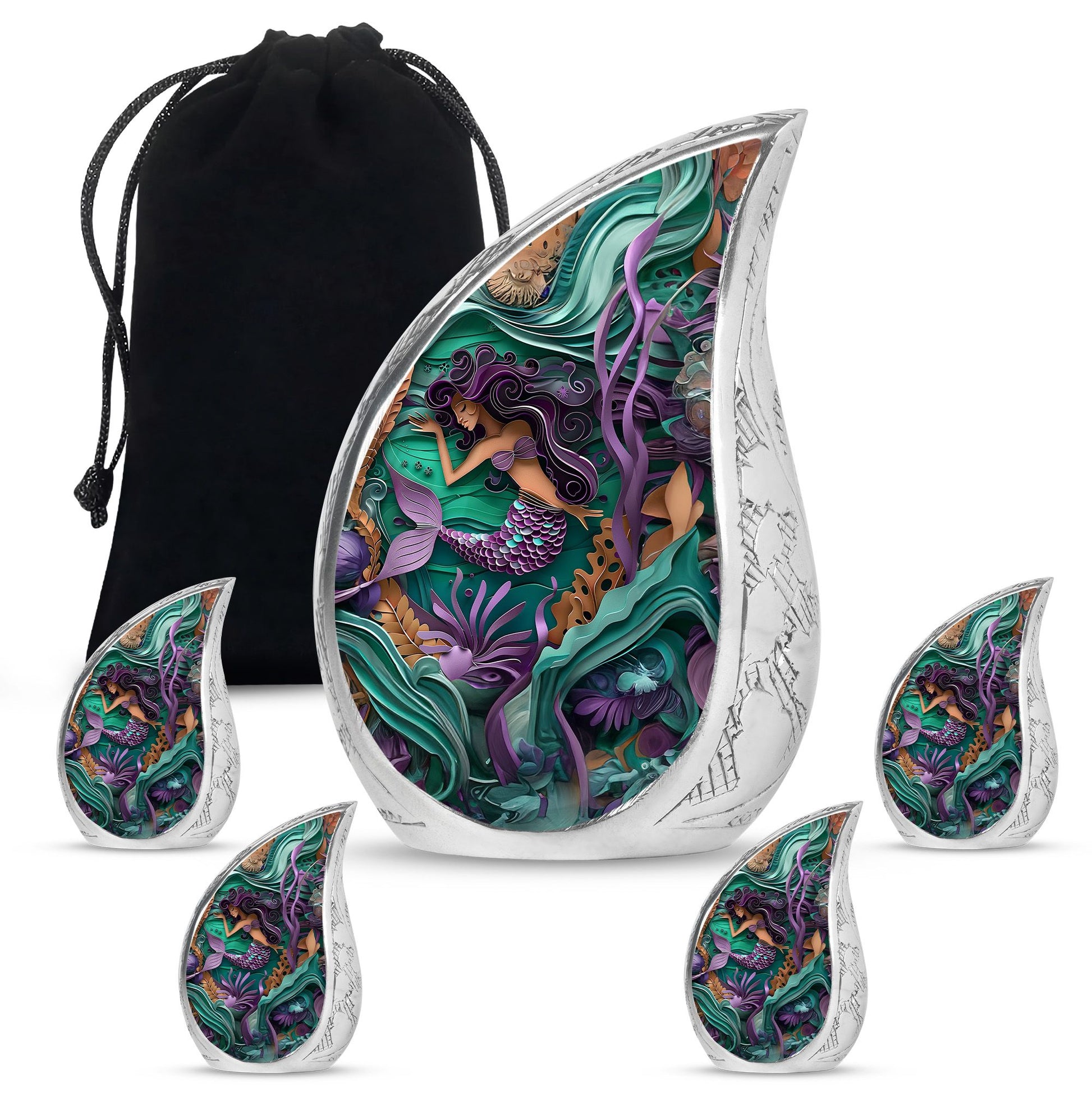 Mermaid Theme Large Urn With 4 Keepsake Urn