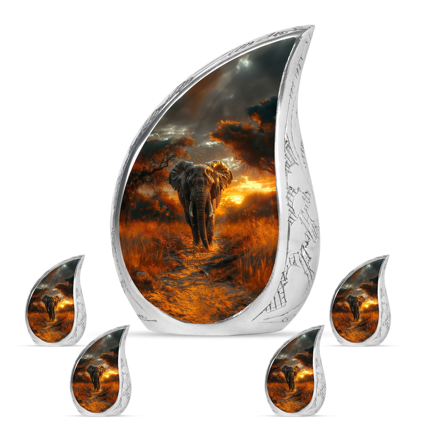 Elephant Theme Large Urn With 4 Keepsake Urn