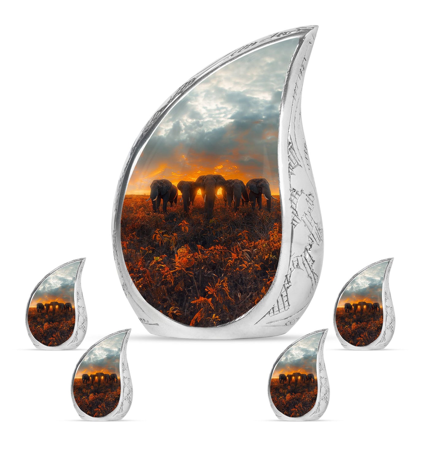 Elephant Family Theme Large Urn With 4 Keepsake Urn