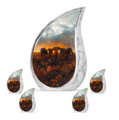 Elephant Family Theme Large Urn With 4 Keepsake Urn