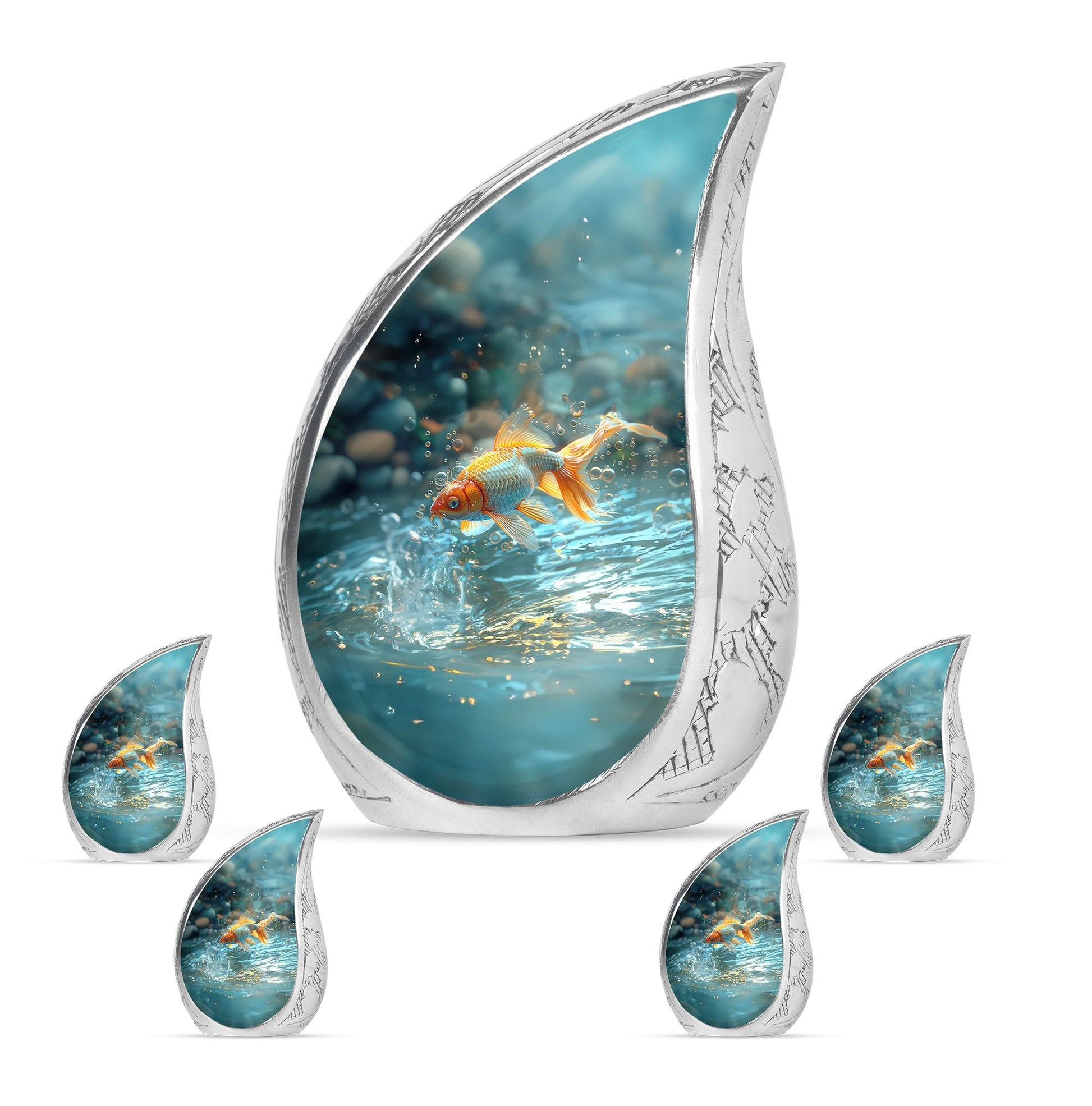 Gold Fish Theme Large Urn With 4 Keepsake Urn