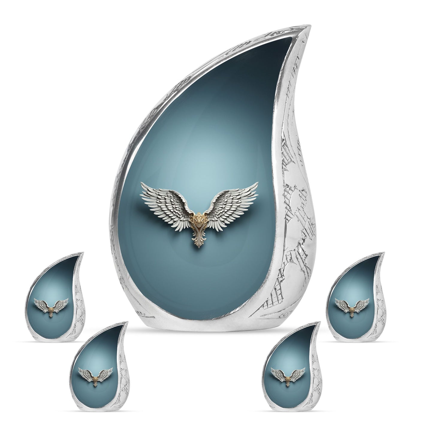 Wings Blue Theme Large Urn With 4 Keepsake Urn