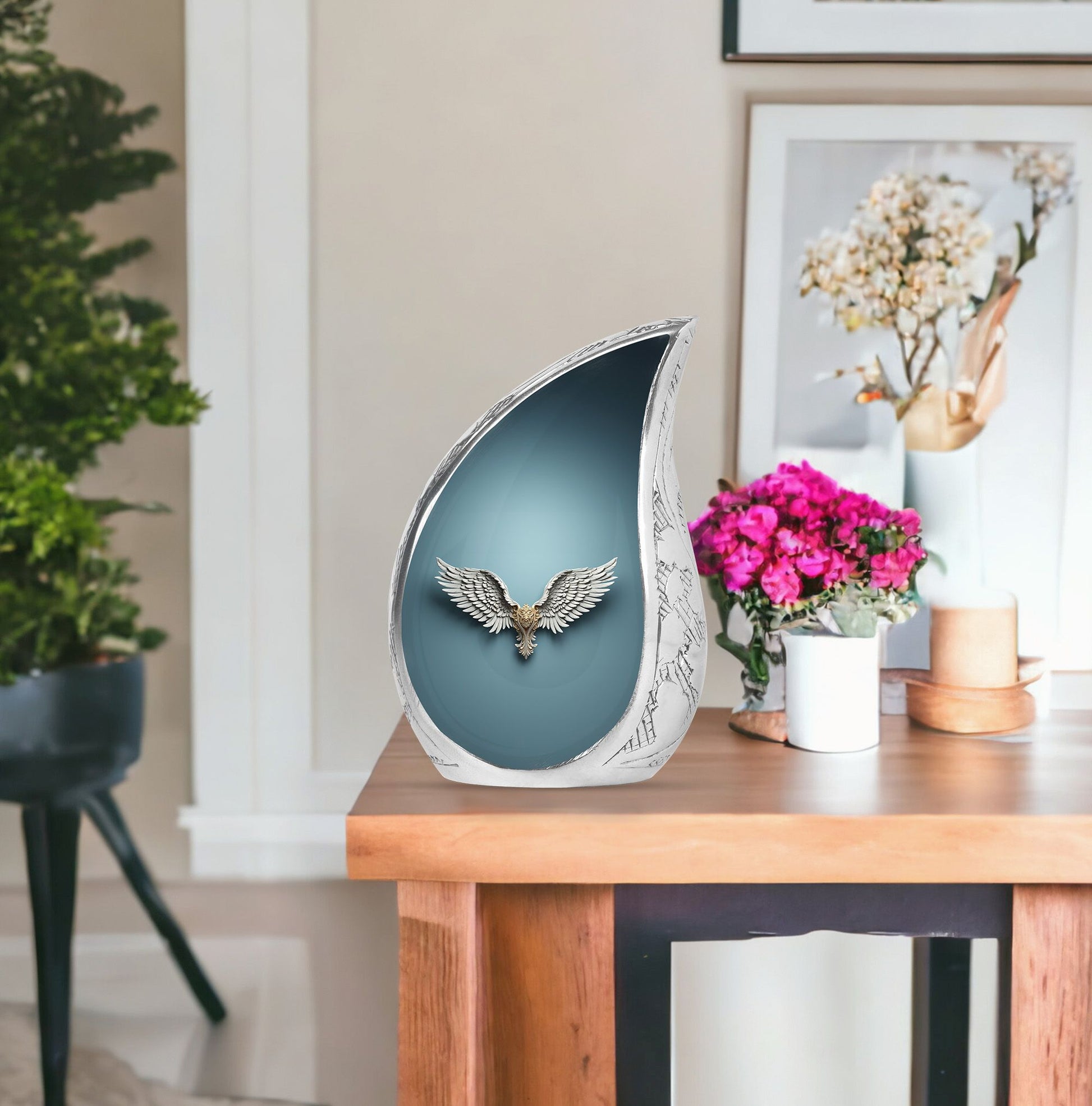 Wings Blue Theme Large Urn With 1 Keepsake Urn