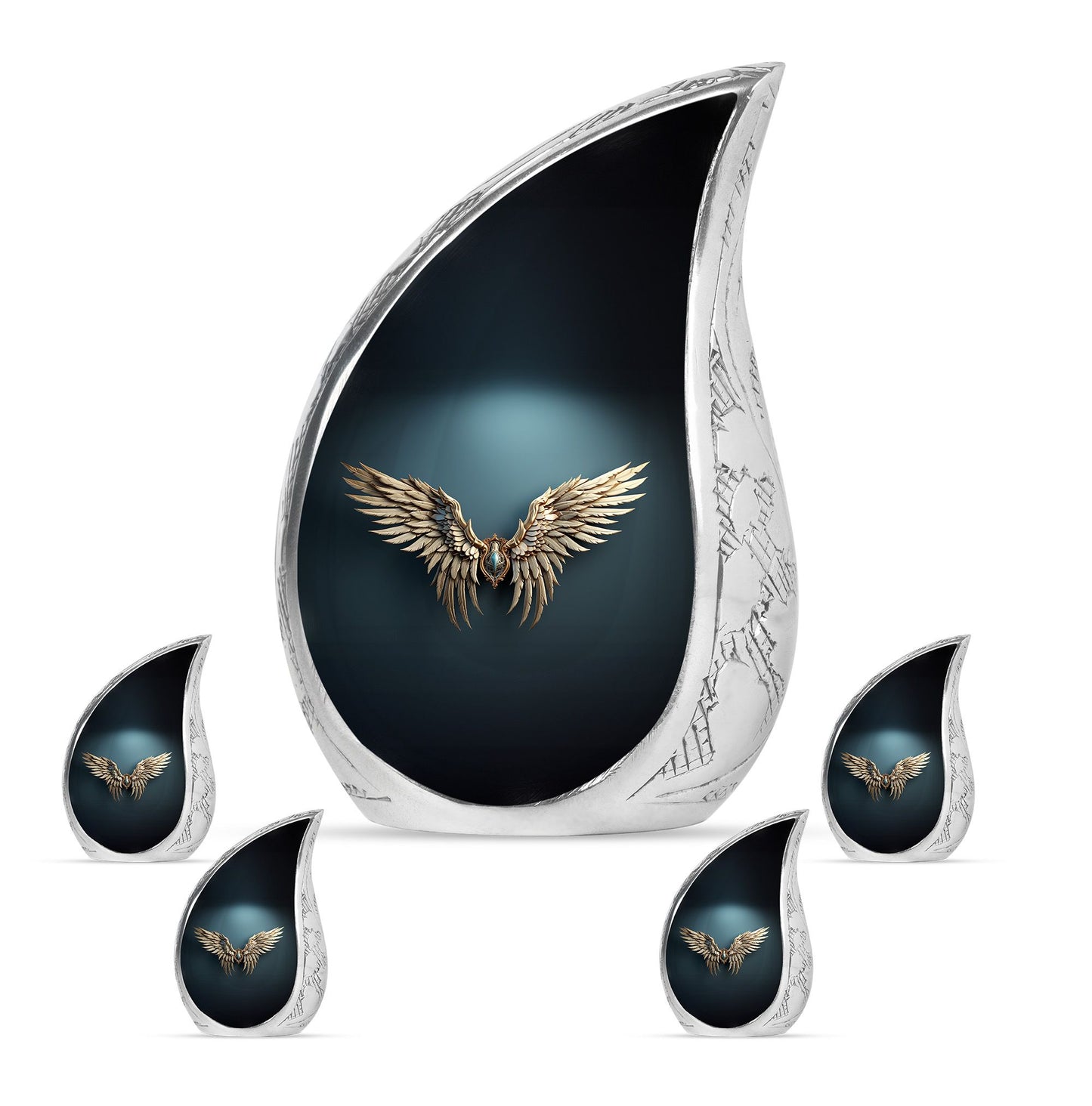 Wings Blue Theme Large Urn With 4 Keepsake Urn