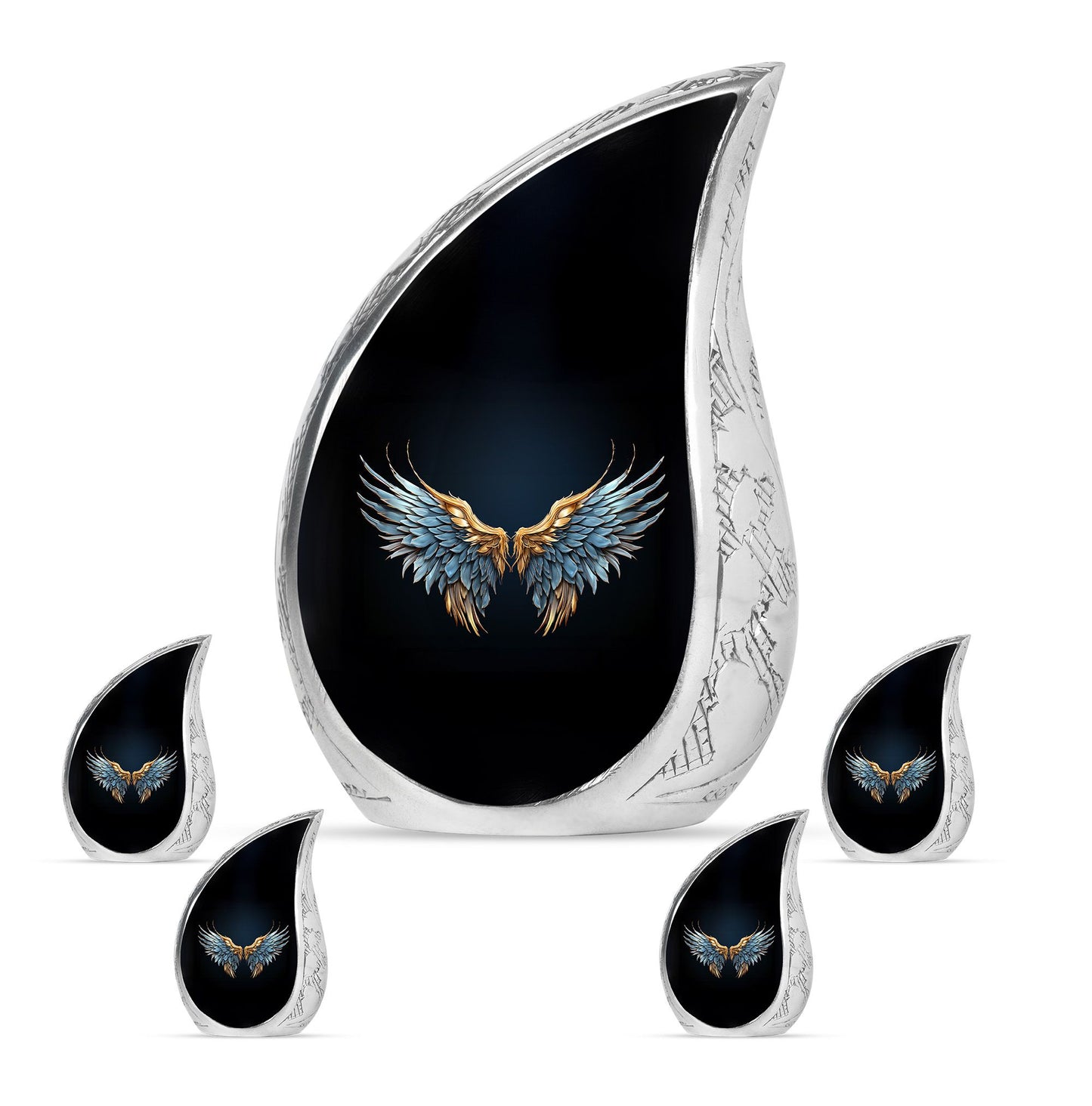 Wings Blue Theme Large Urn With 4 Keepsake Urn