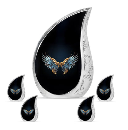 Wings Blue Theme Large Urn With 4 Keepsake Urn