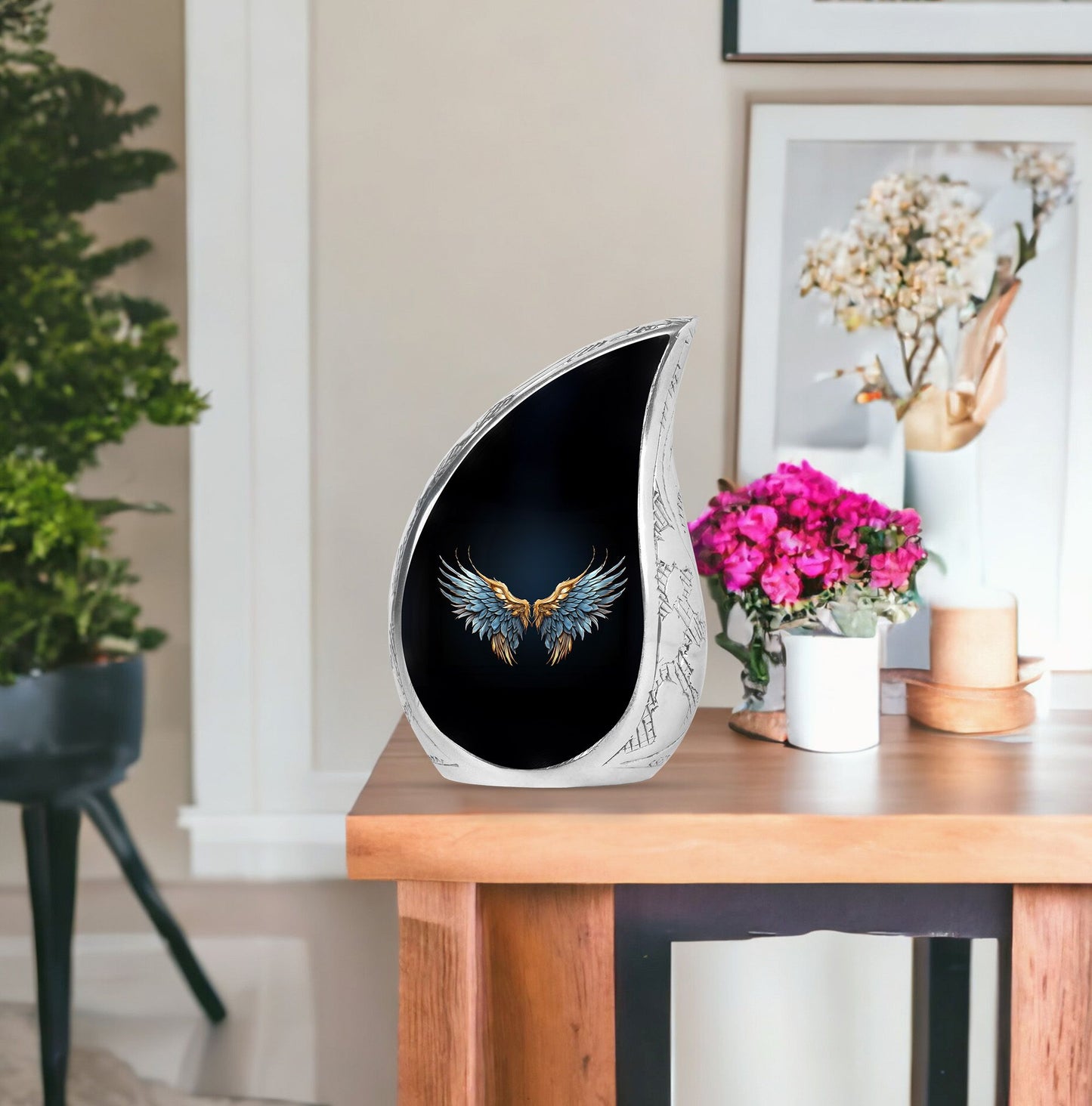 Wings Blue Theme Large Urn With 1 Keepsake Urn