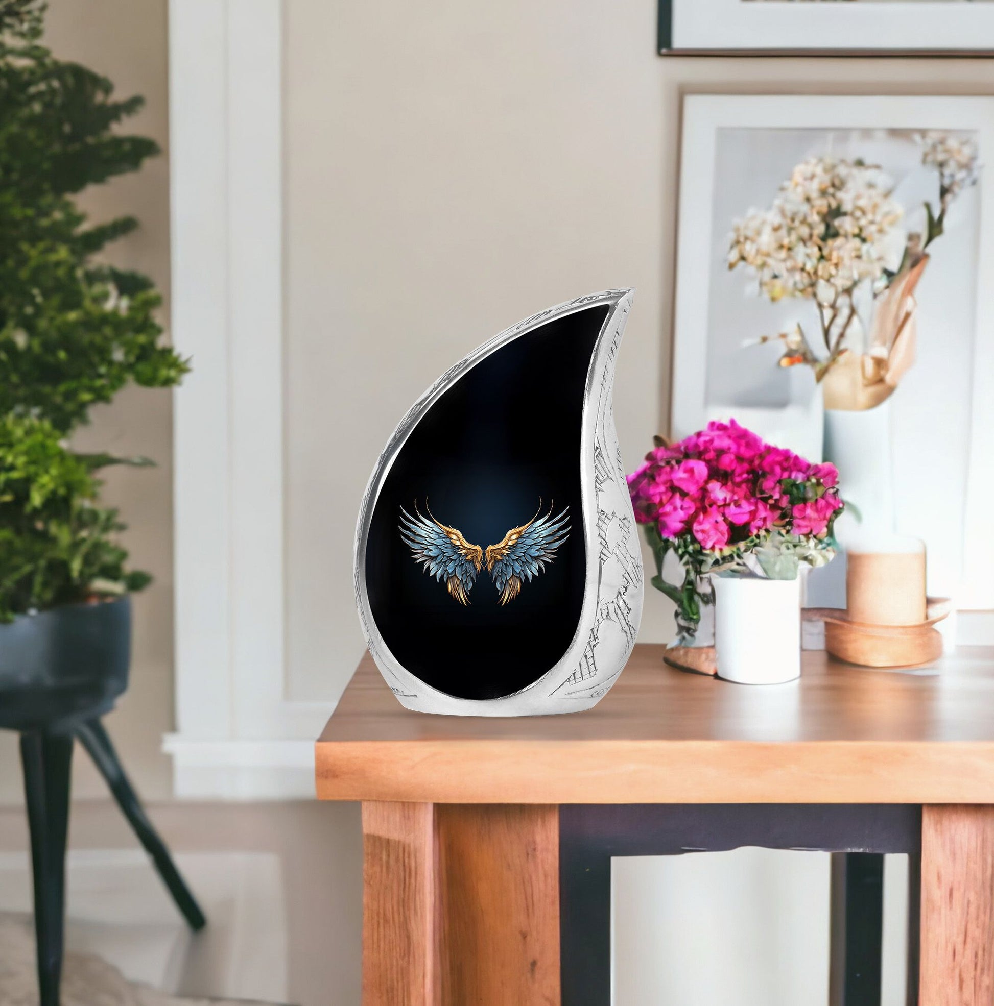 Wings Blue Theme Large Urn With 1 Keepsake Urn