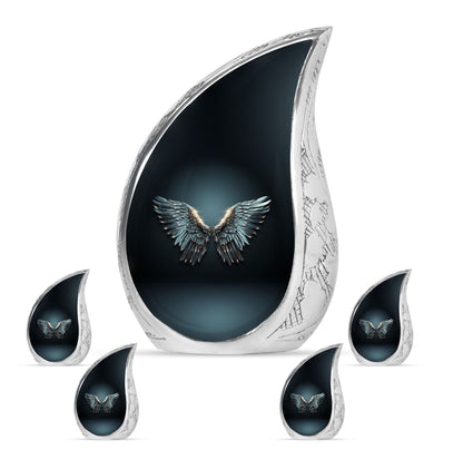 Wings Blue Theme Large Urn With 4 Keepsake Urn