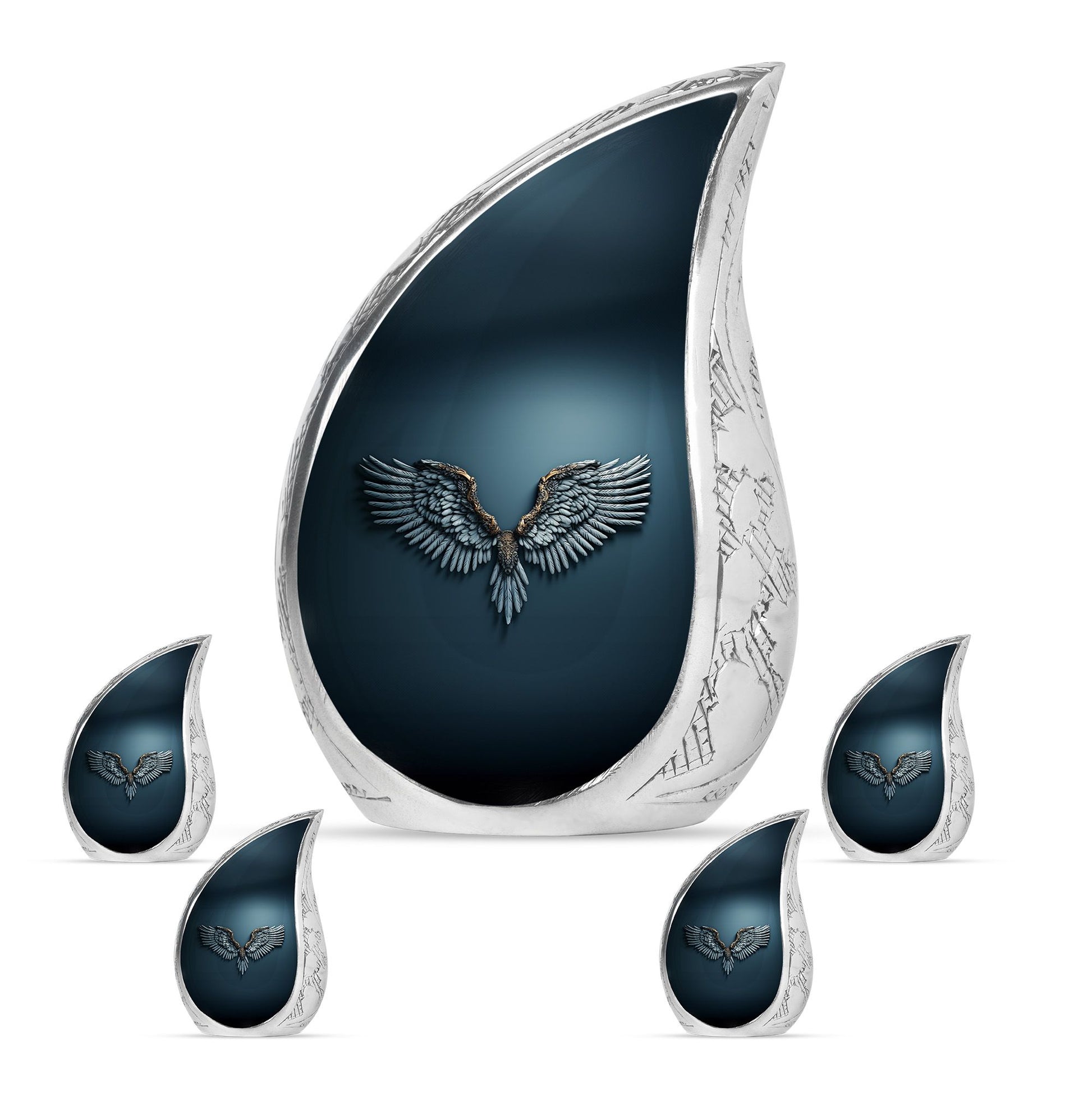 Wings Blue Theme Large Urn With 4 Keepsake Urn