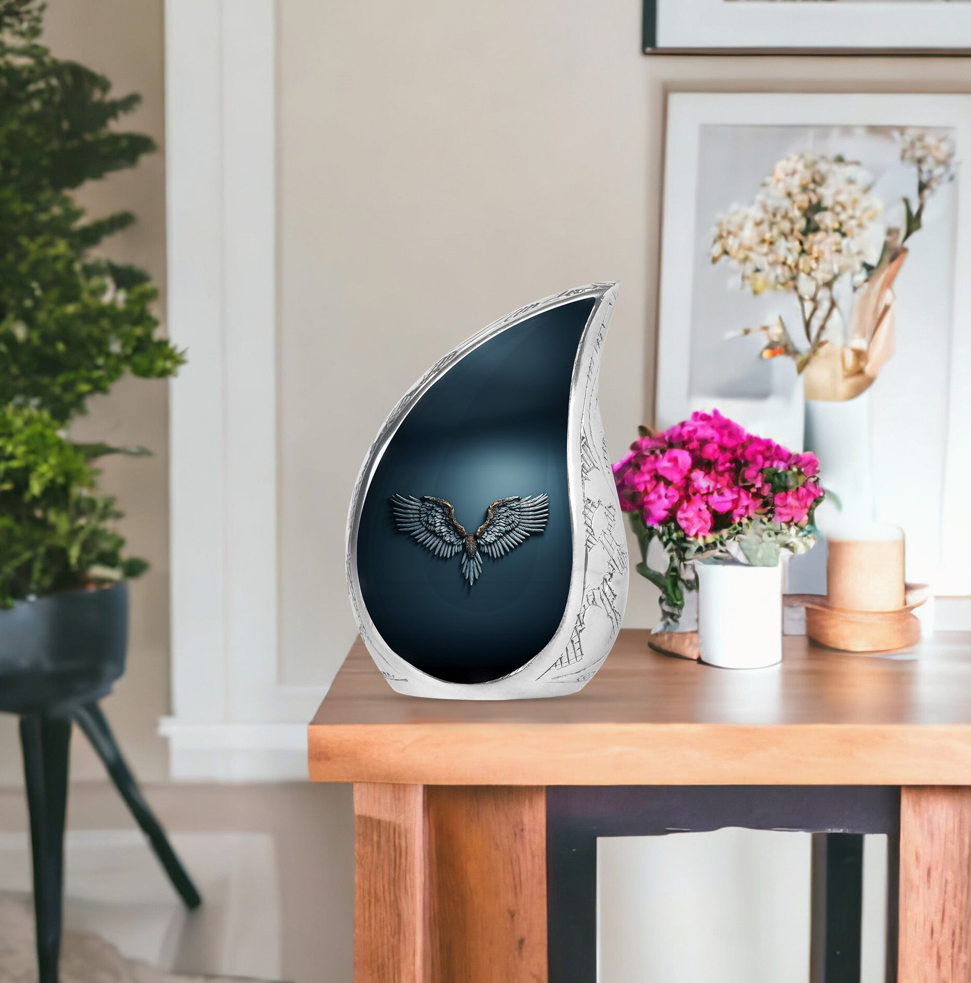 Wings Blue Theme Large Urn With 1 Keepsake Urn