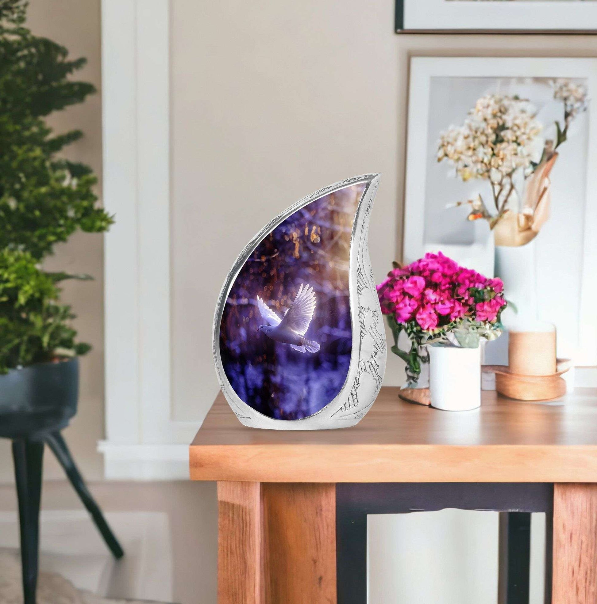 White Dove On Purple Theme Large Urn With 1 Keepsake Urn