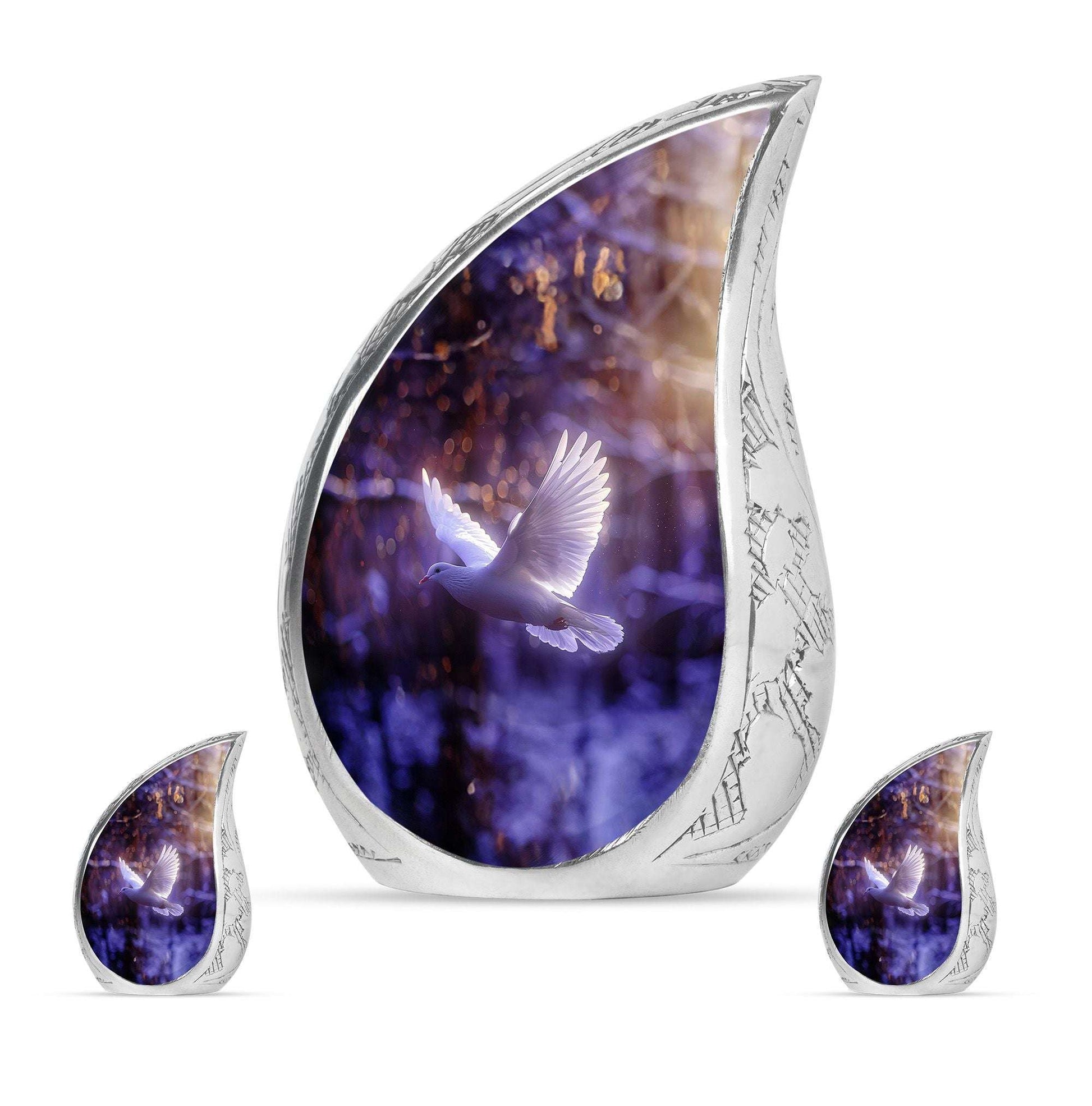 White Dove On Purple Theme Large Urn With 2 Keepsake Urn