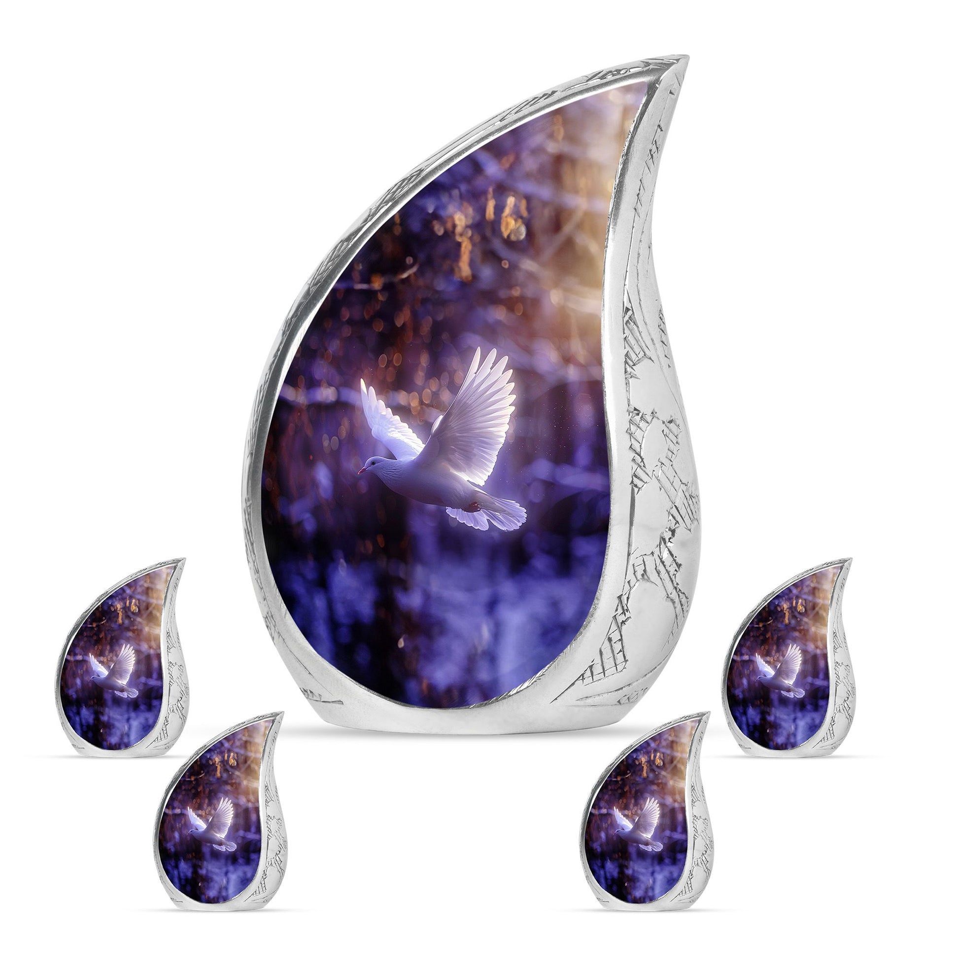 White Dove On Purple Theme Large Urn With 4 Keepsake Urn