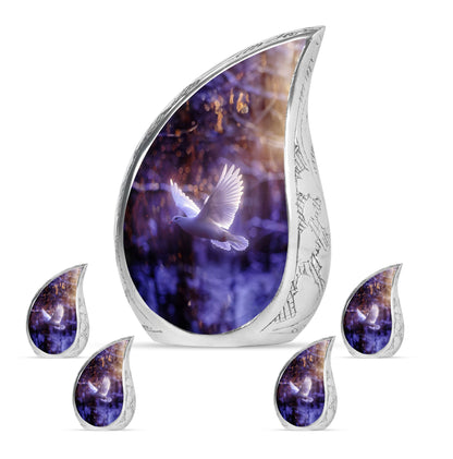 White Dove On Purple Theme Large Urn With 4 Keepsake Urn