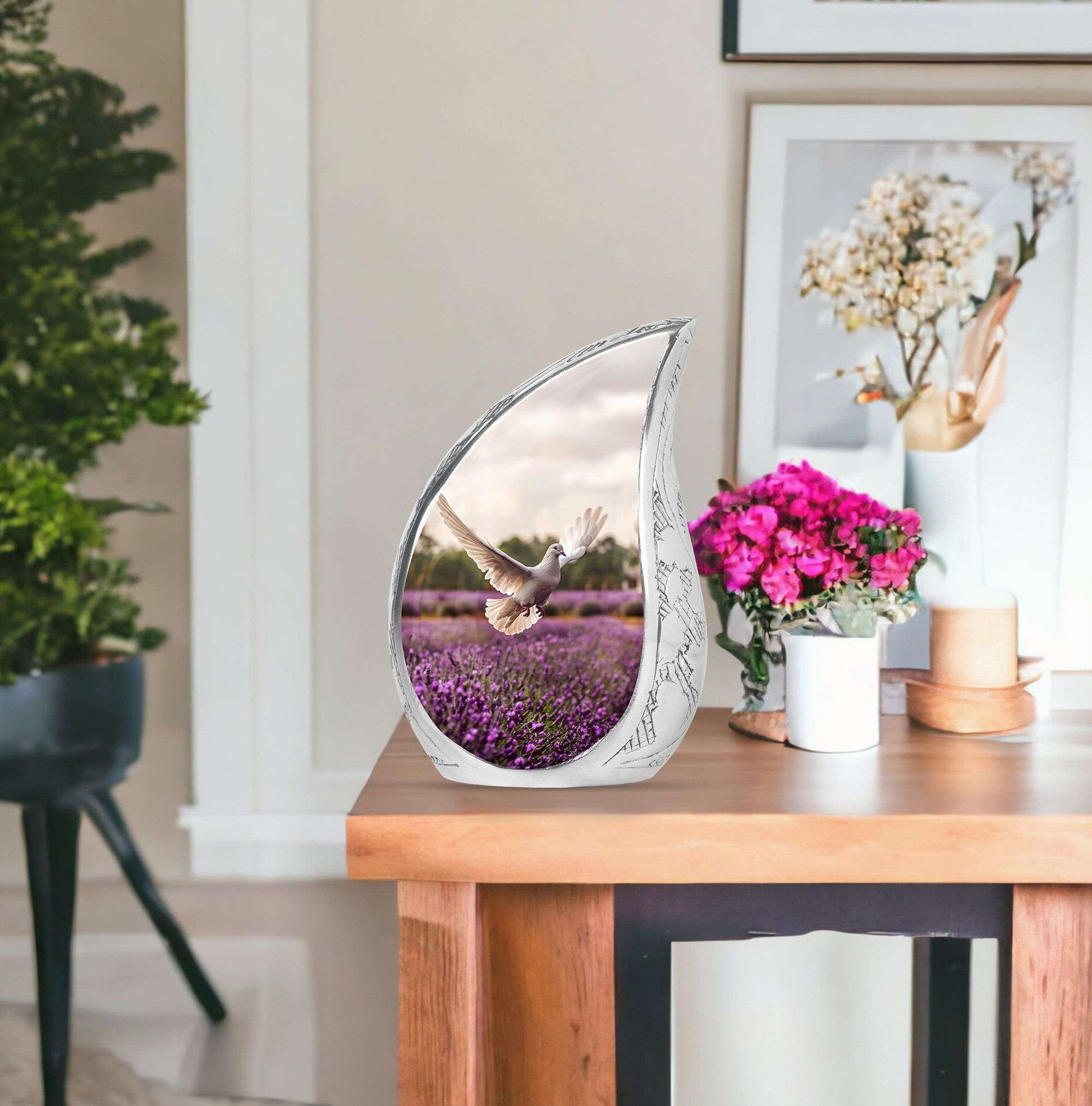 White Dove On Purple Theme Large Urn With 1 Keepsake Urn