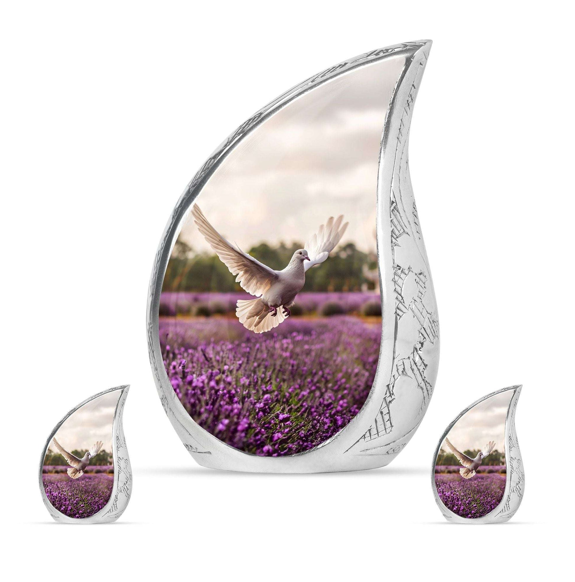 White Dove On Purple Theme Large Urn With 2 Keepsake Urn