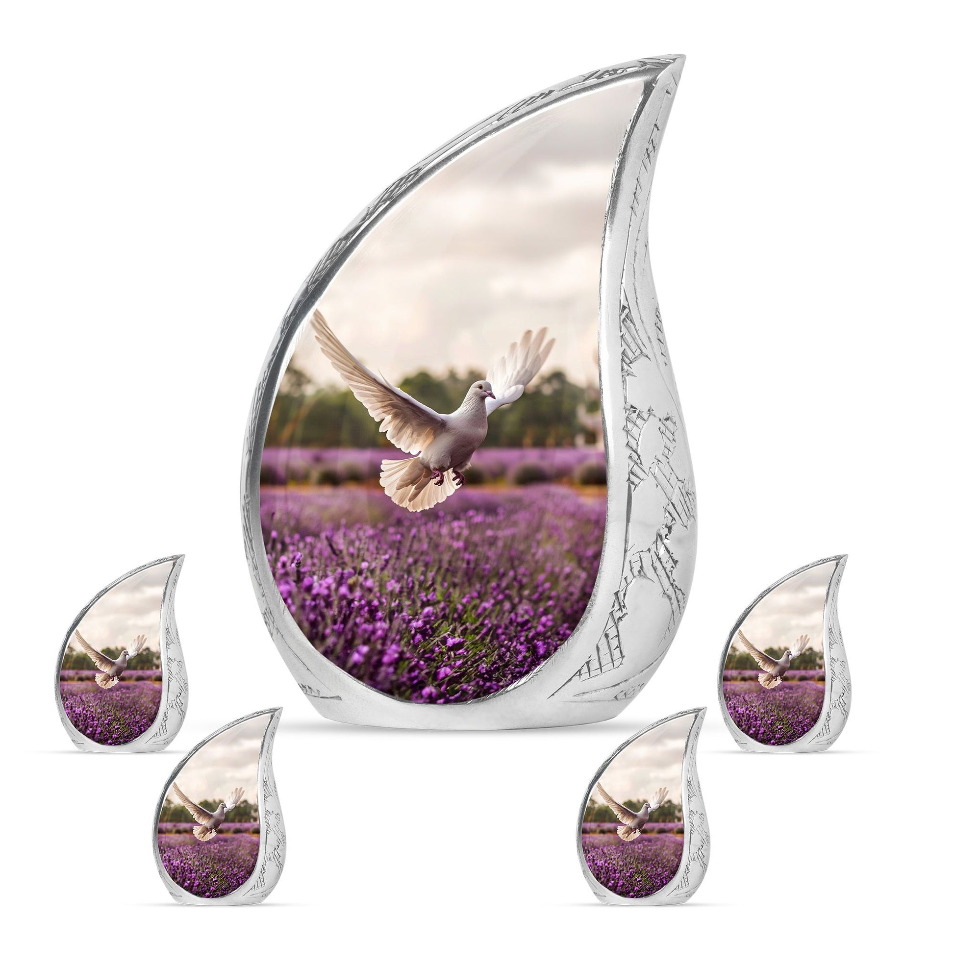 White Dove On Purple Theme Large Urn With 4 Keepsake Urn