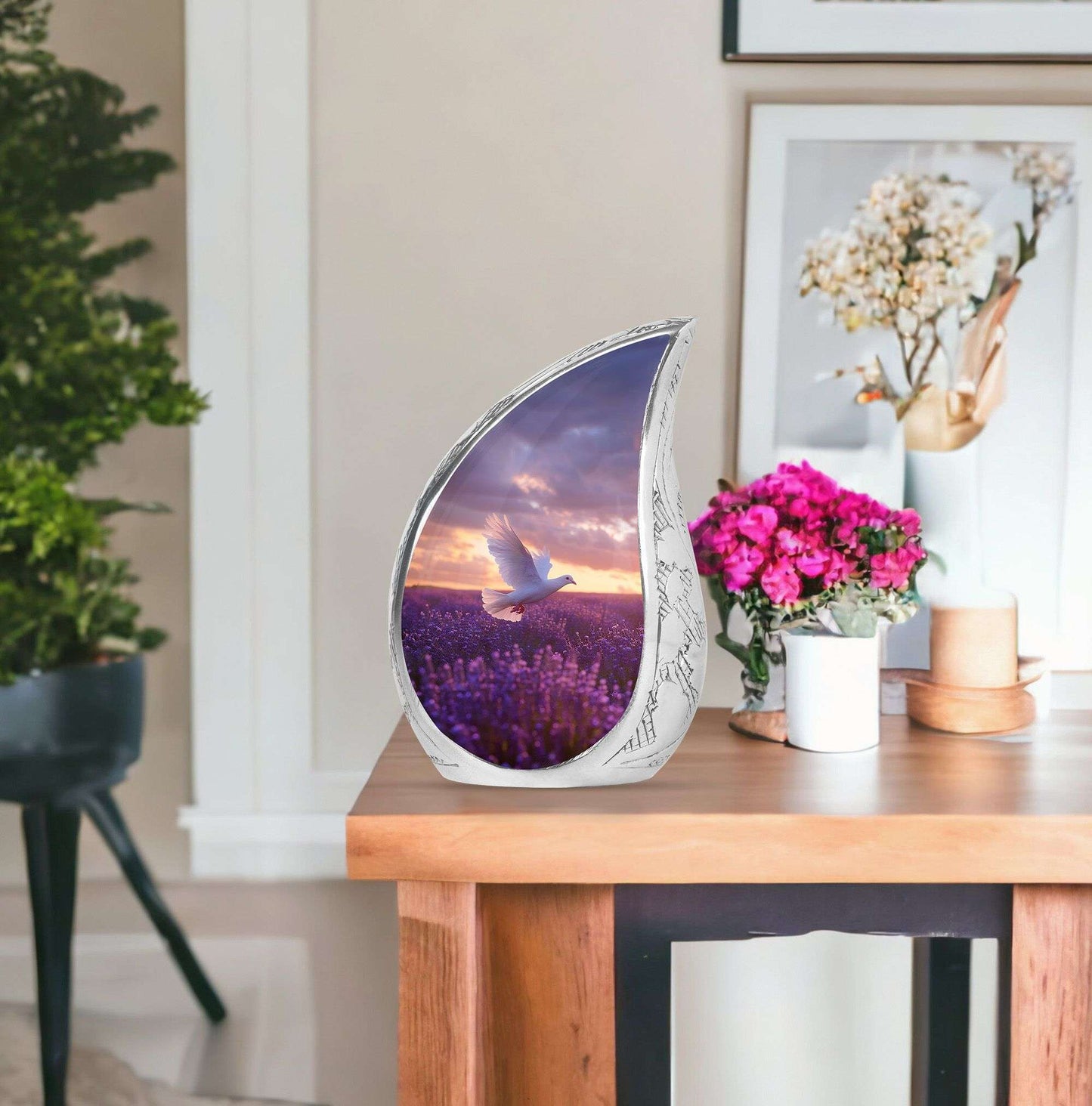 White Dove On Purple Theme Large Urn With 1 Keepsake Urn
