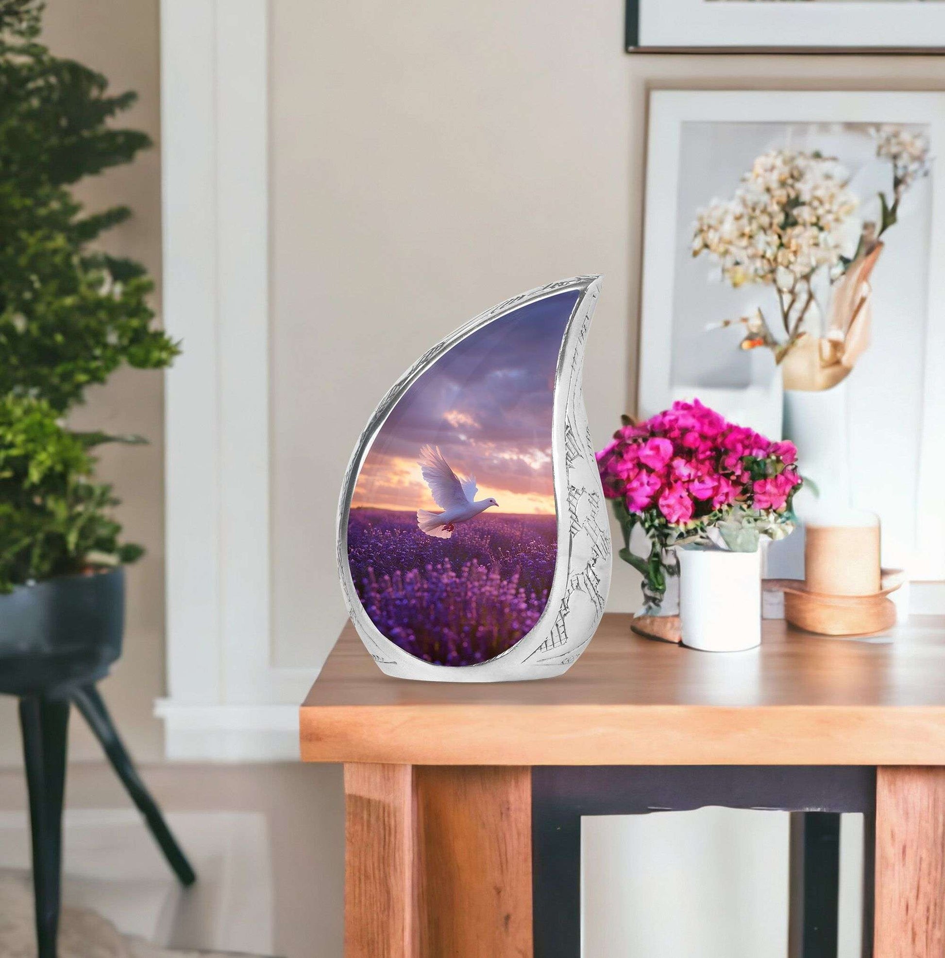 White Dove On Purple Theme Large Urn With 1 Keepsake Urn