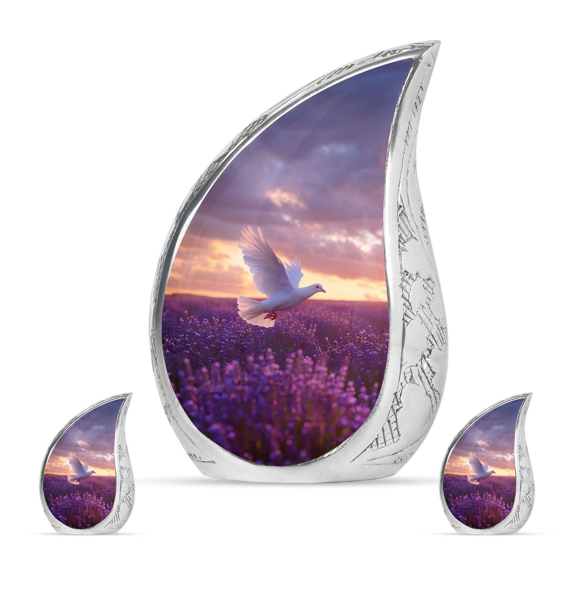 White Dove On Purple Theme Large Urn With 2 Keepsake Urn
