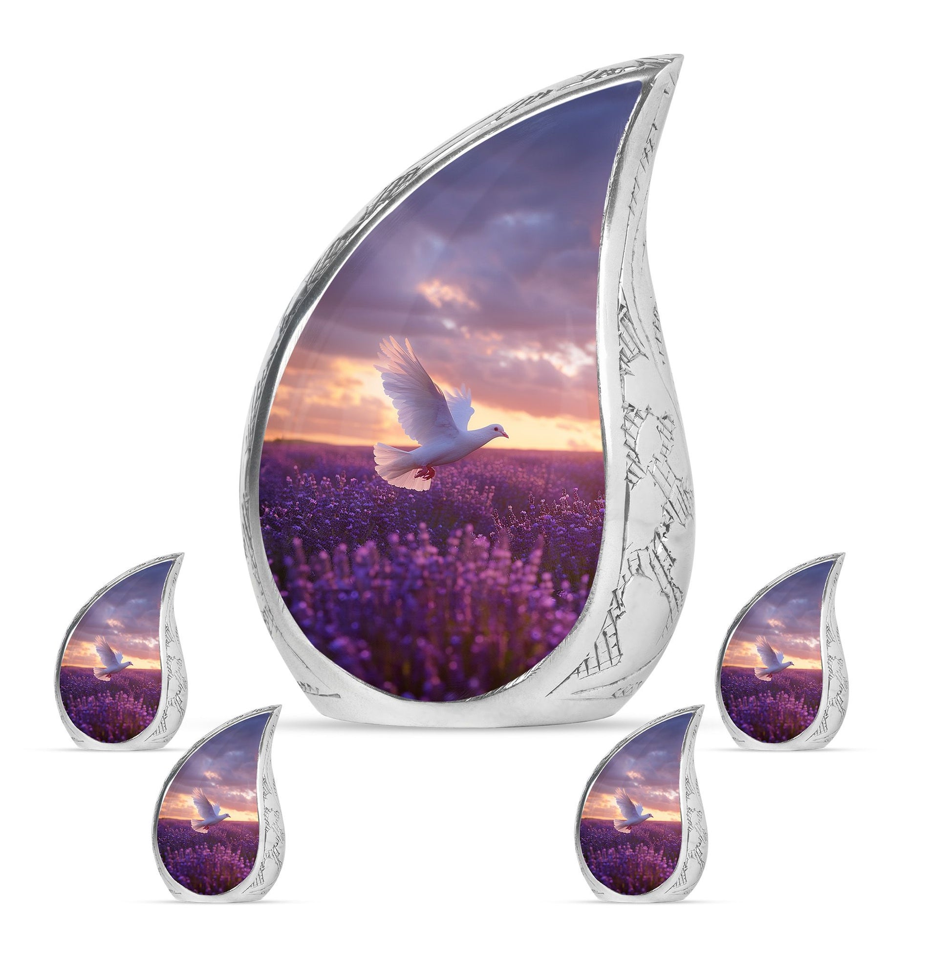 White Dove On Purple Theme Large Urn With 4 Keepsake Urn