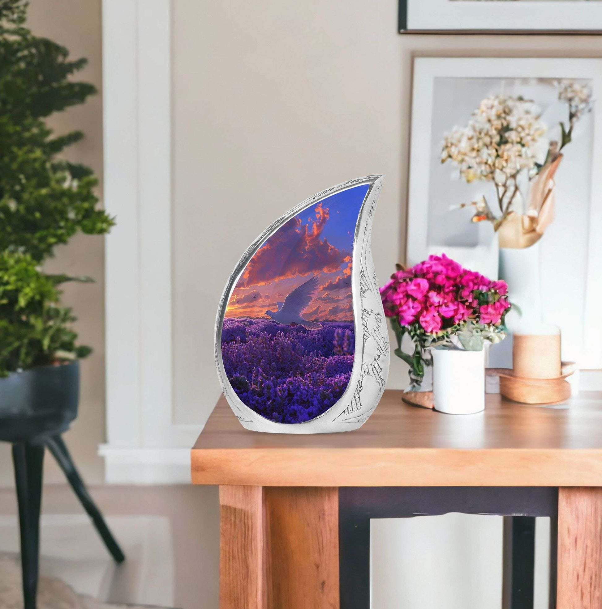 White Dove On Purple Theme Large Urn With 1 Keepsake Urn