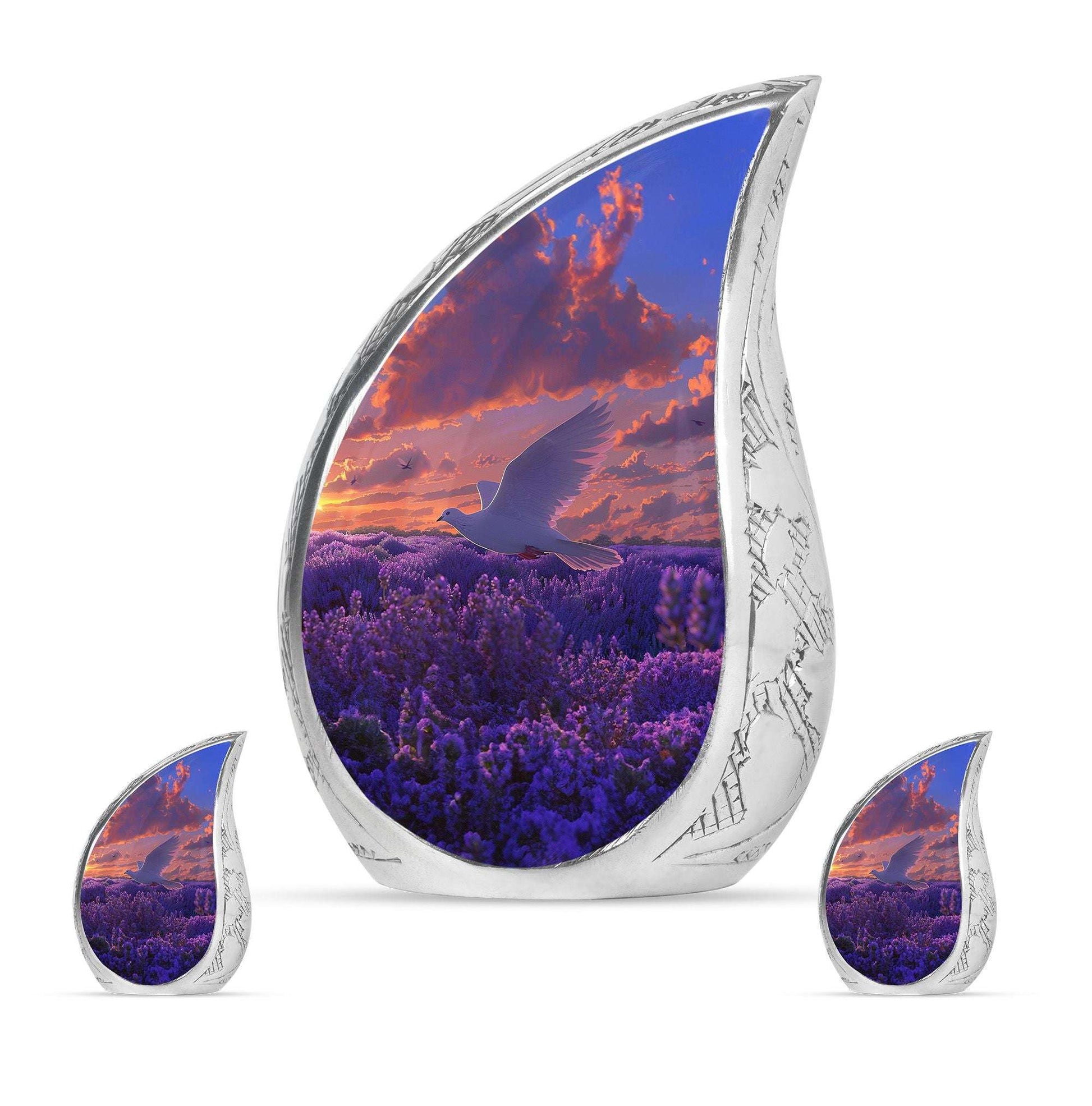 White Dove On Purple Theme Large Urn With 2 Keepsake Urn