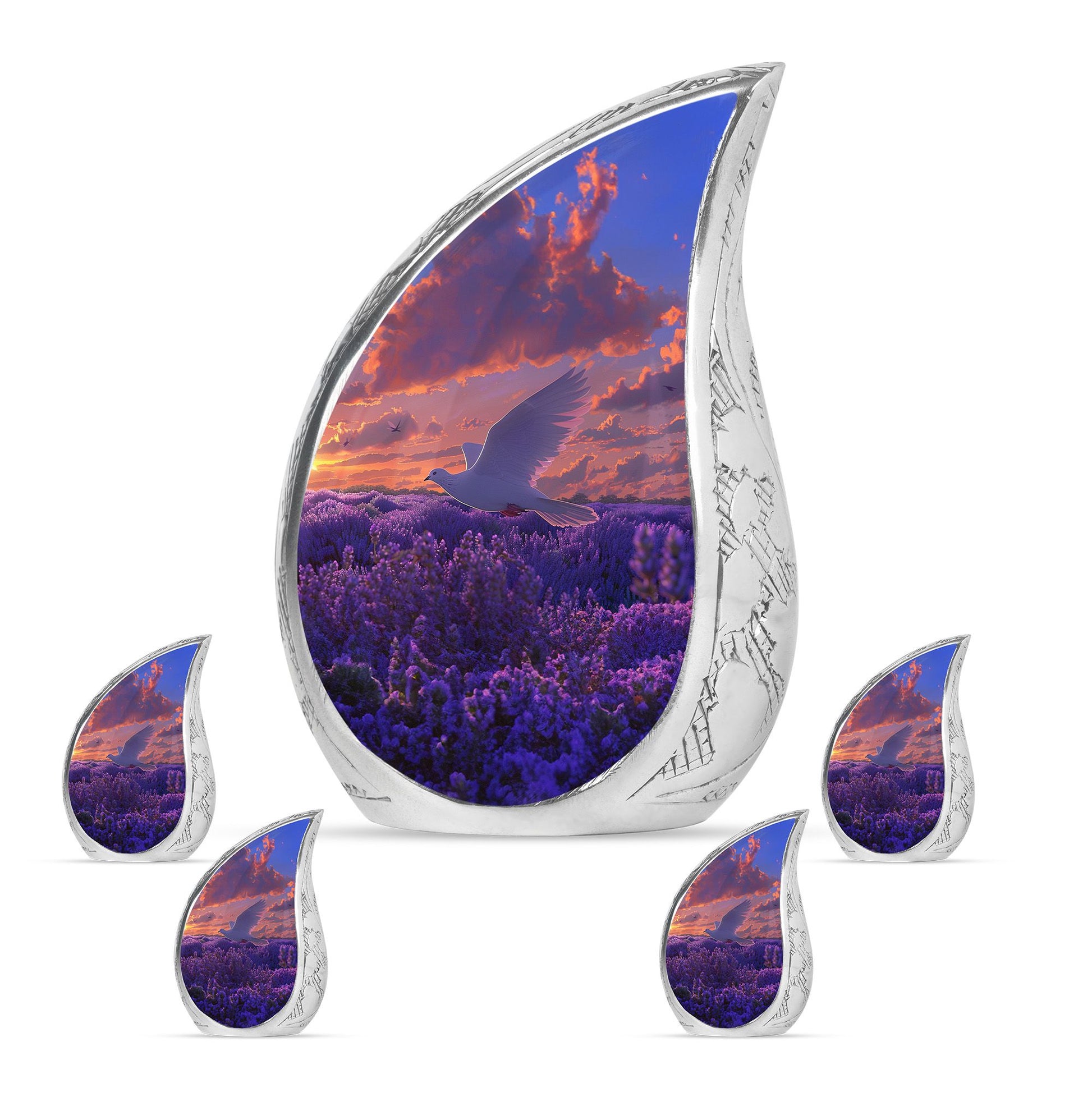 White Dove On Purple Theme Large Urn With 4 Keepsake Urn