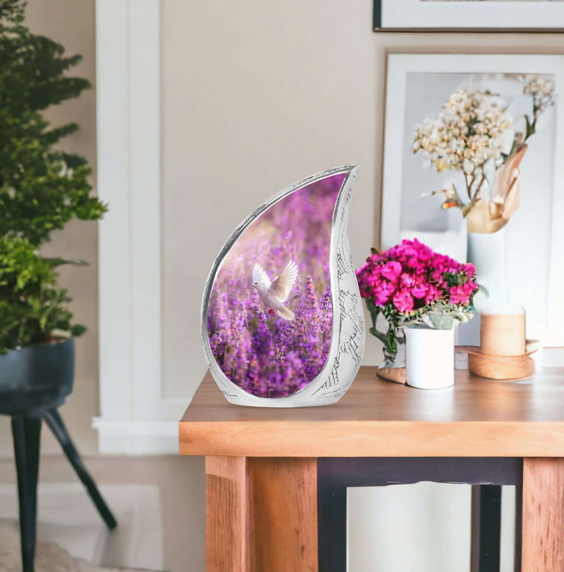 White Dove On Purple Theme Large Urn With 1 Keepsake Urn