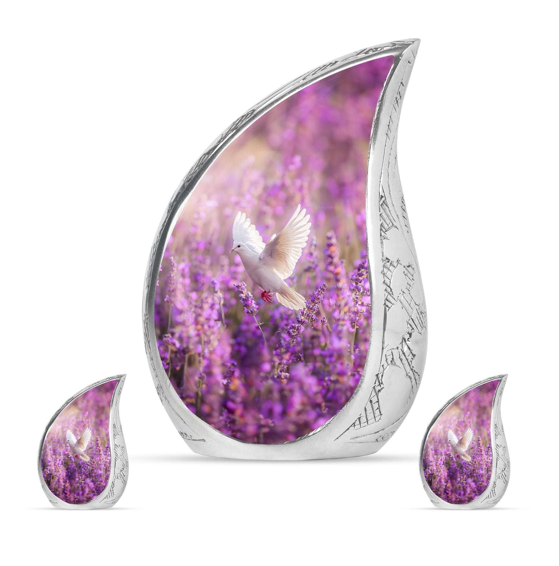 White Dove On Purple Theme Large Urn With 2 Keepsake Urn