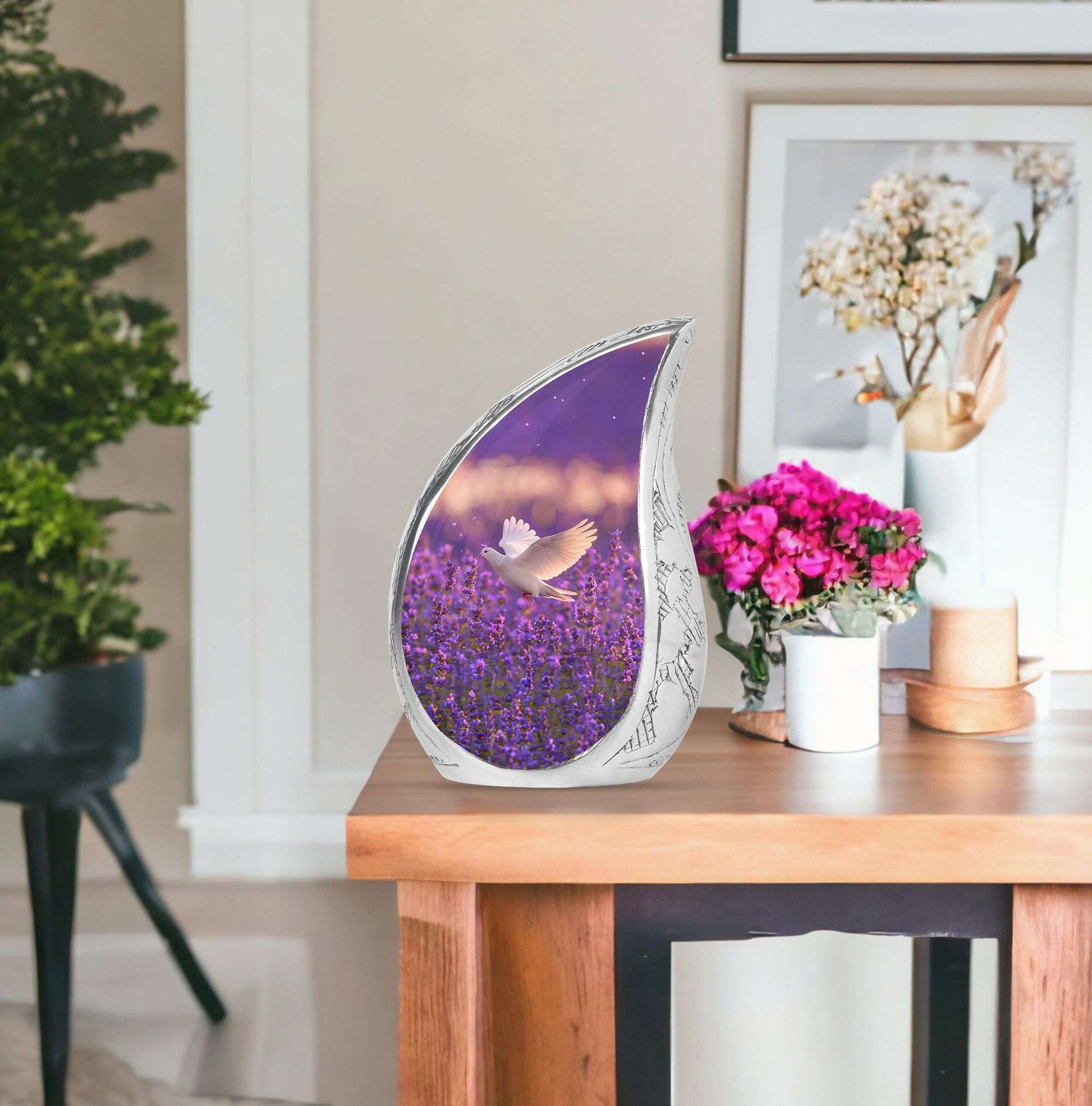 White Dove On Purple Theme Large Urn With 1 Keepsake Urn