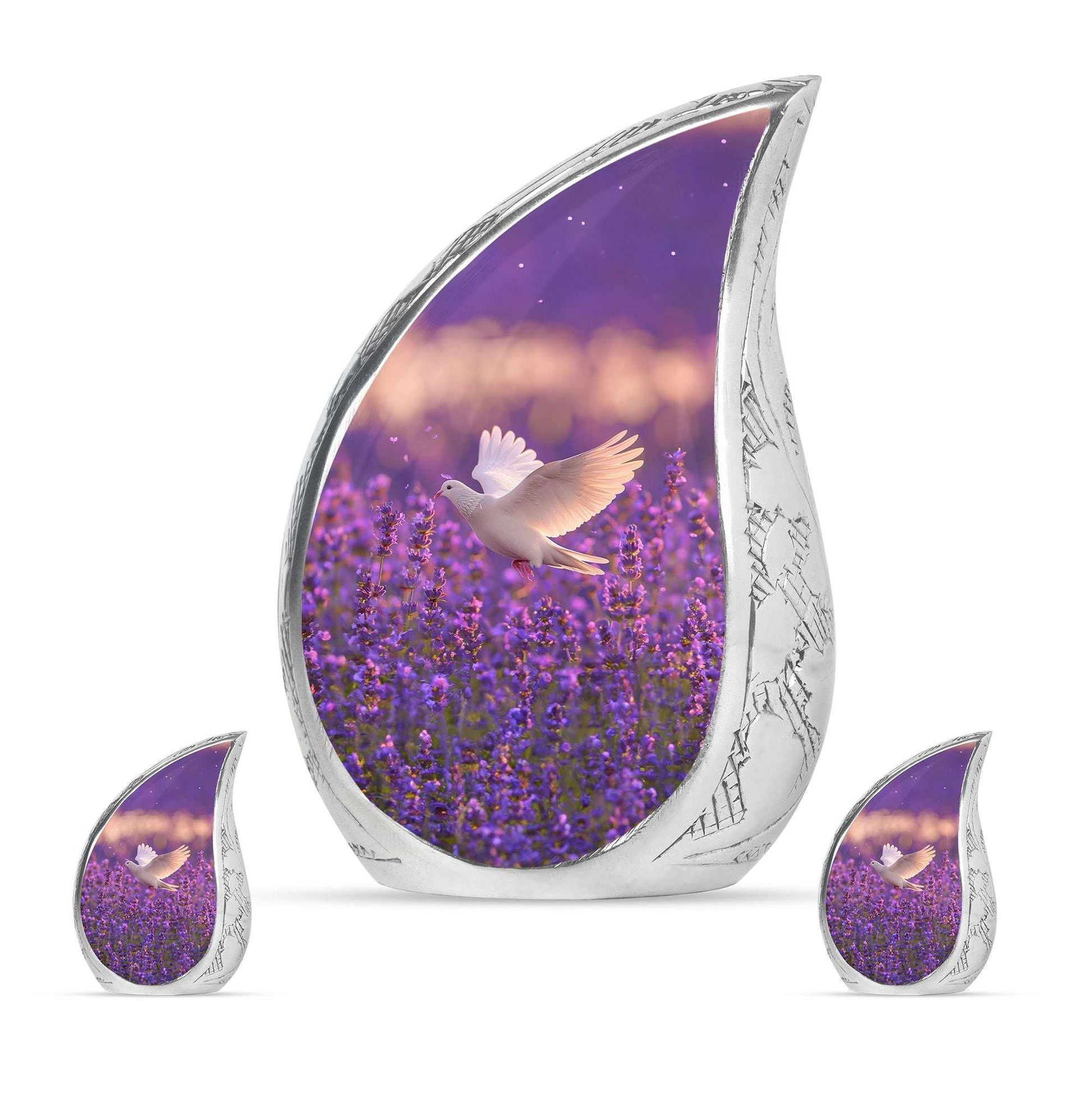 White Dove On Purple Theme Large Urn With 2 Keepsake Urn