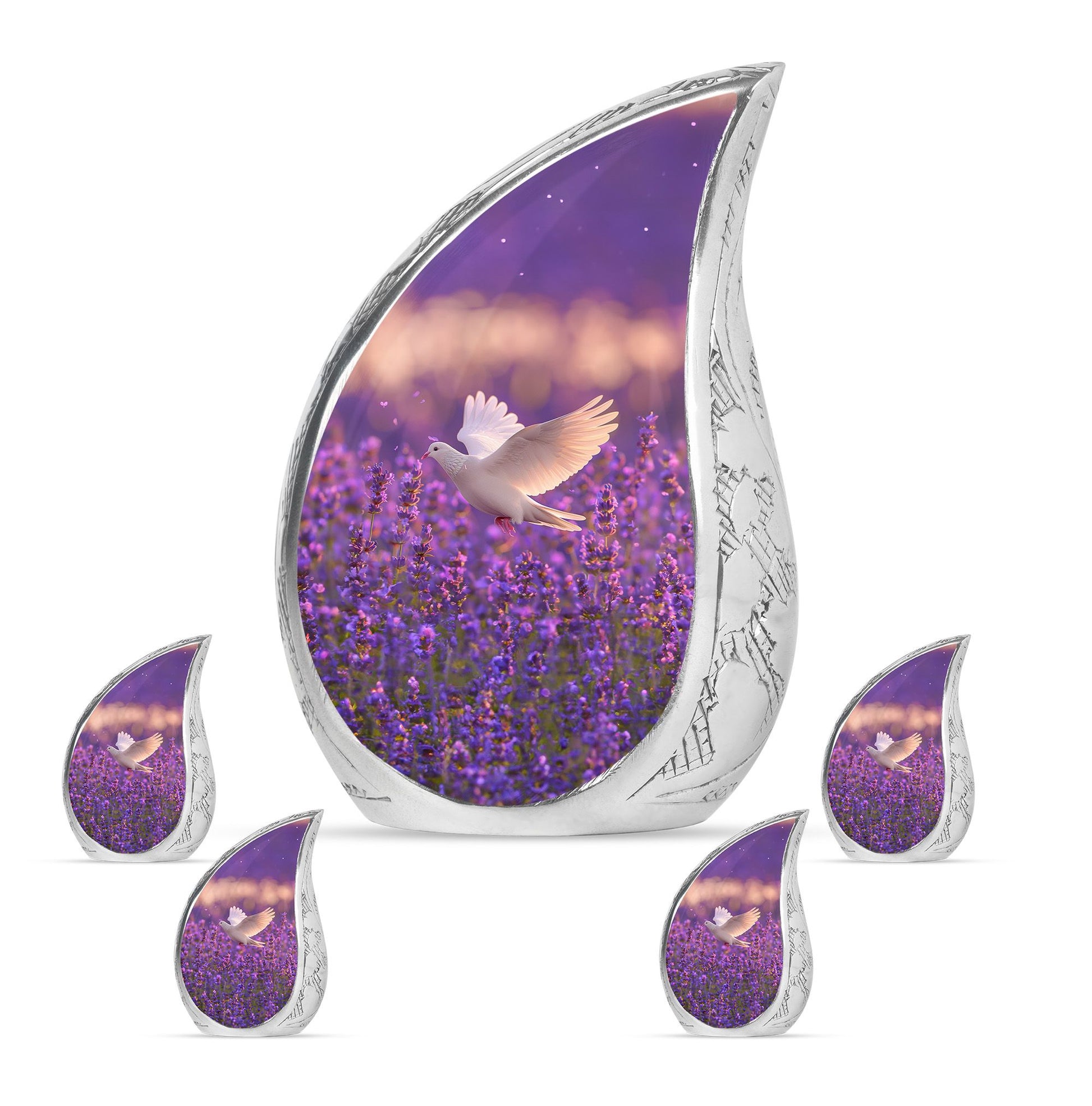 White Dove On Purple Theme Large Urn With 4 Keepsake Urn